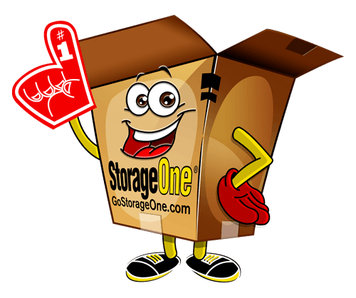 StorageOne Box Guy mascot at StorageOne Blue Diamond & Decatur in Las Vegas, Nevada