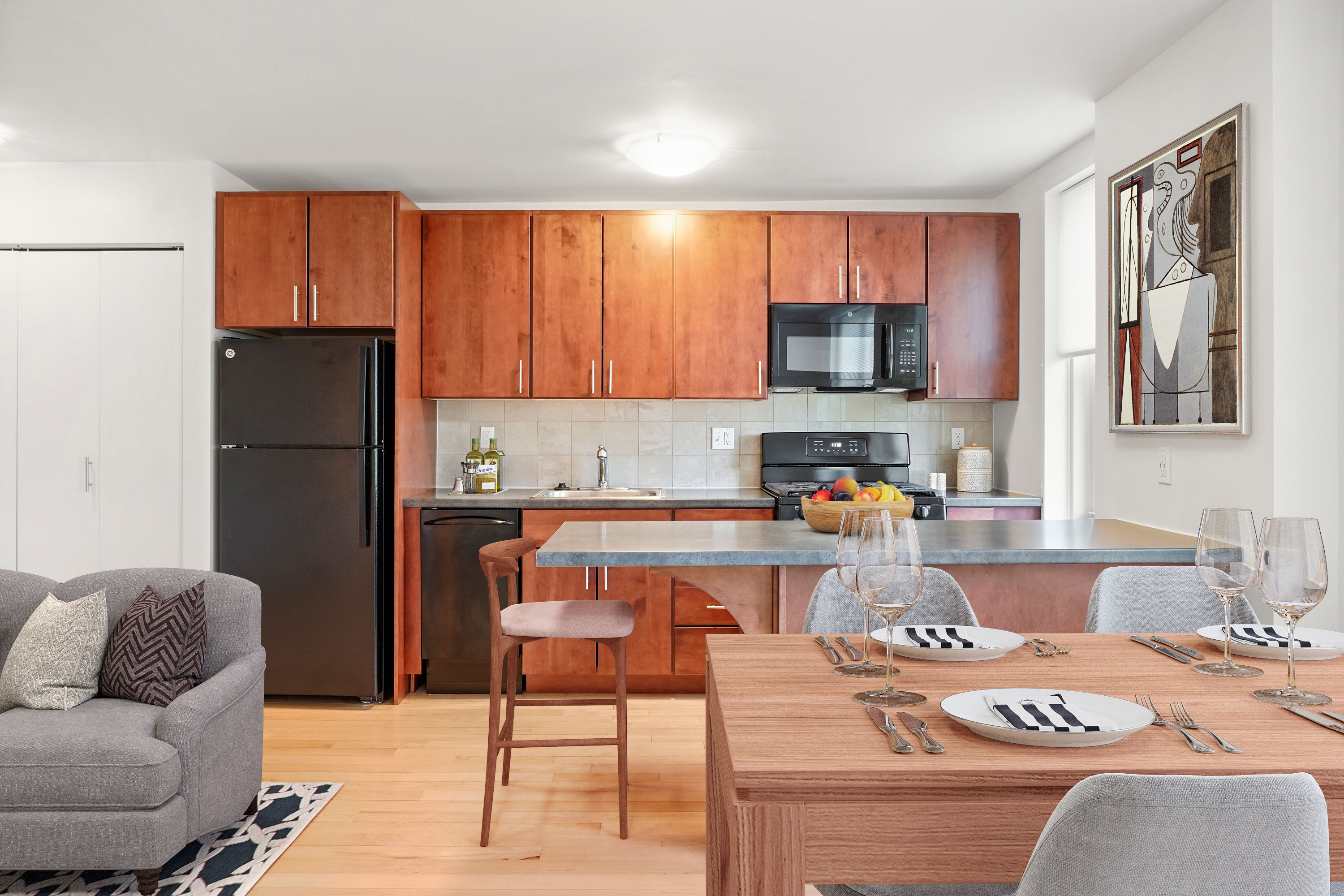 Living Room & modern Kitchen at Camelot Court in Brighton, Massachusetts