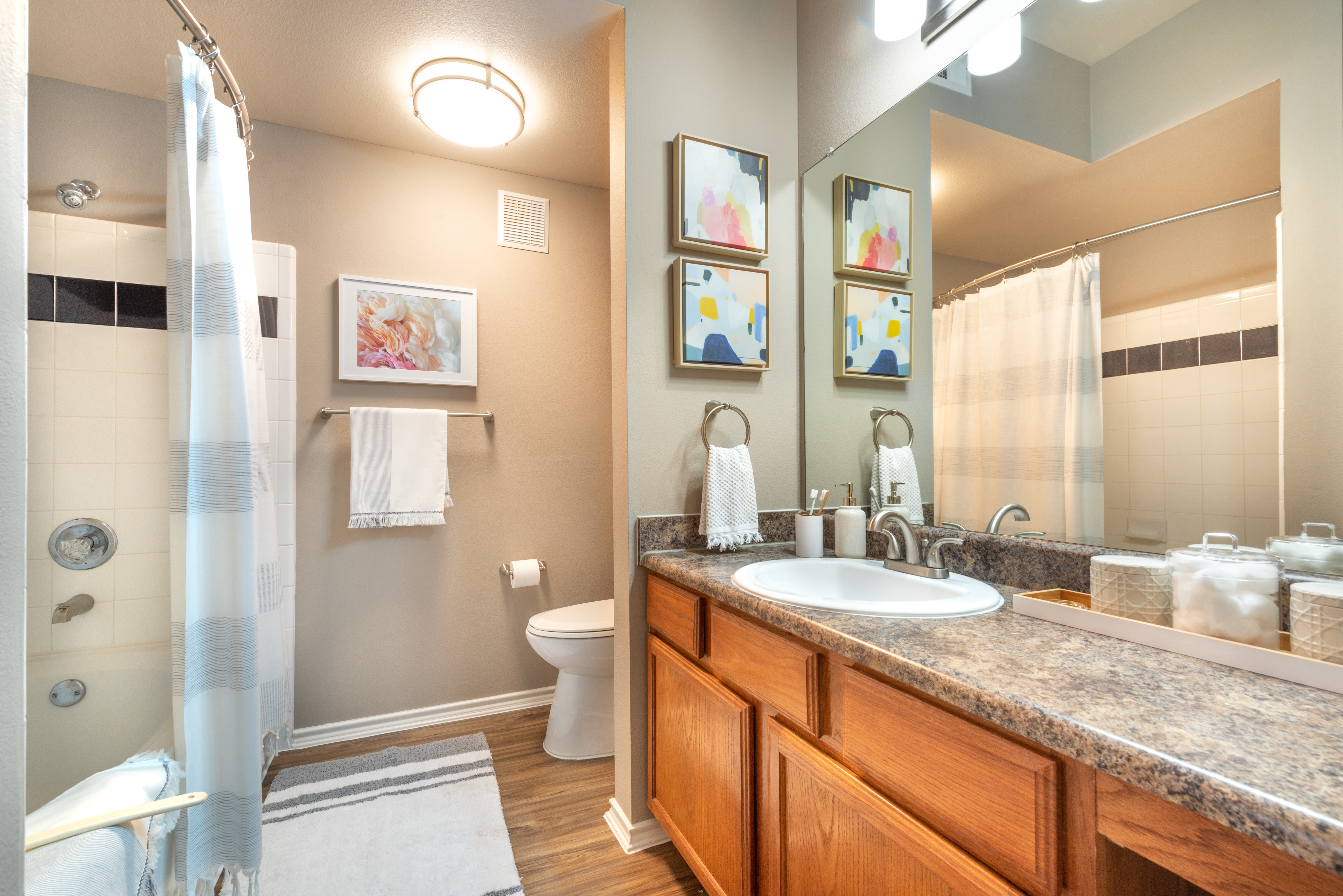 Granite countertop in a model home's bathroom at Olympus Team Ranch in Benbrook, Texas