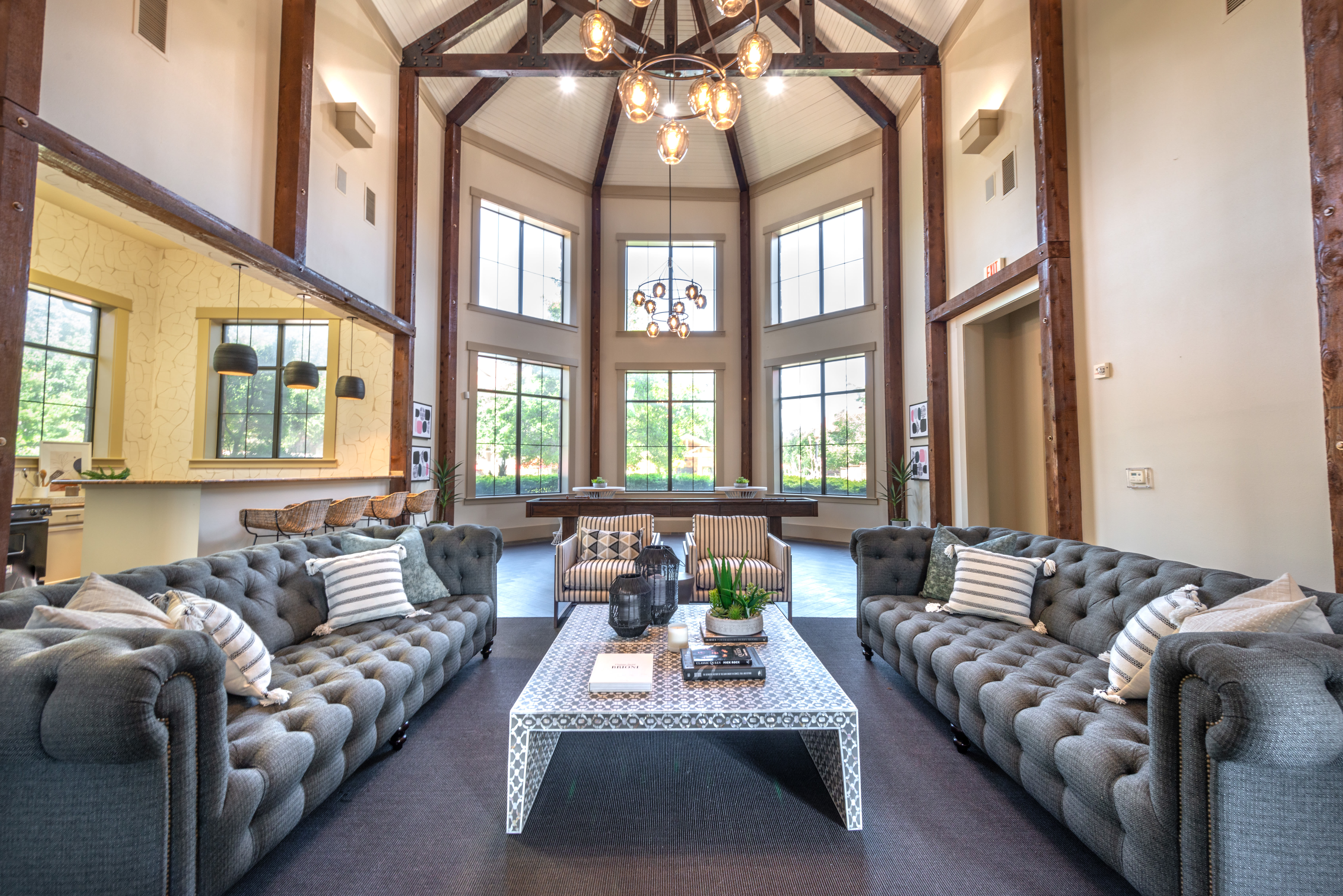 Clubhouse community seating space at Olympus Team Ranch in Benbrook, Texas