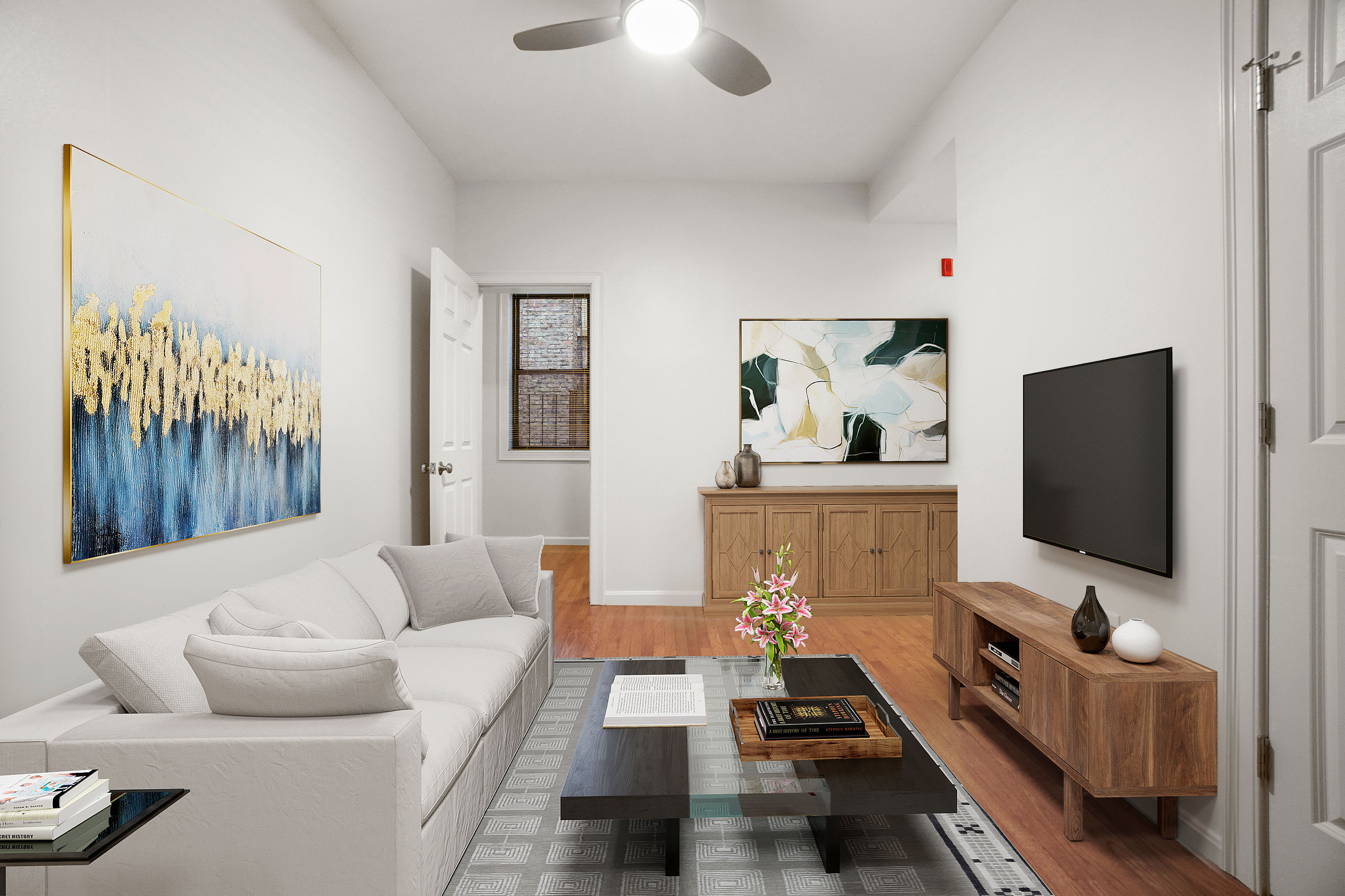 living room at Burbank Apartments in Boston, Massachusetts
