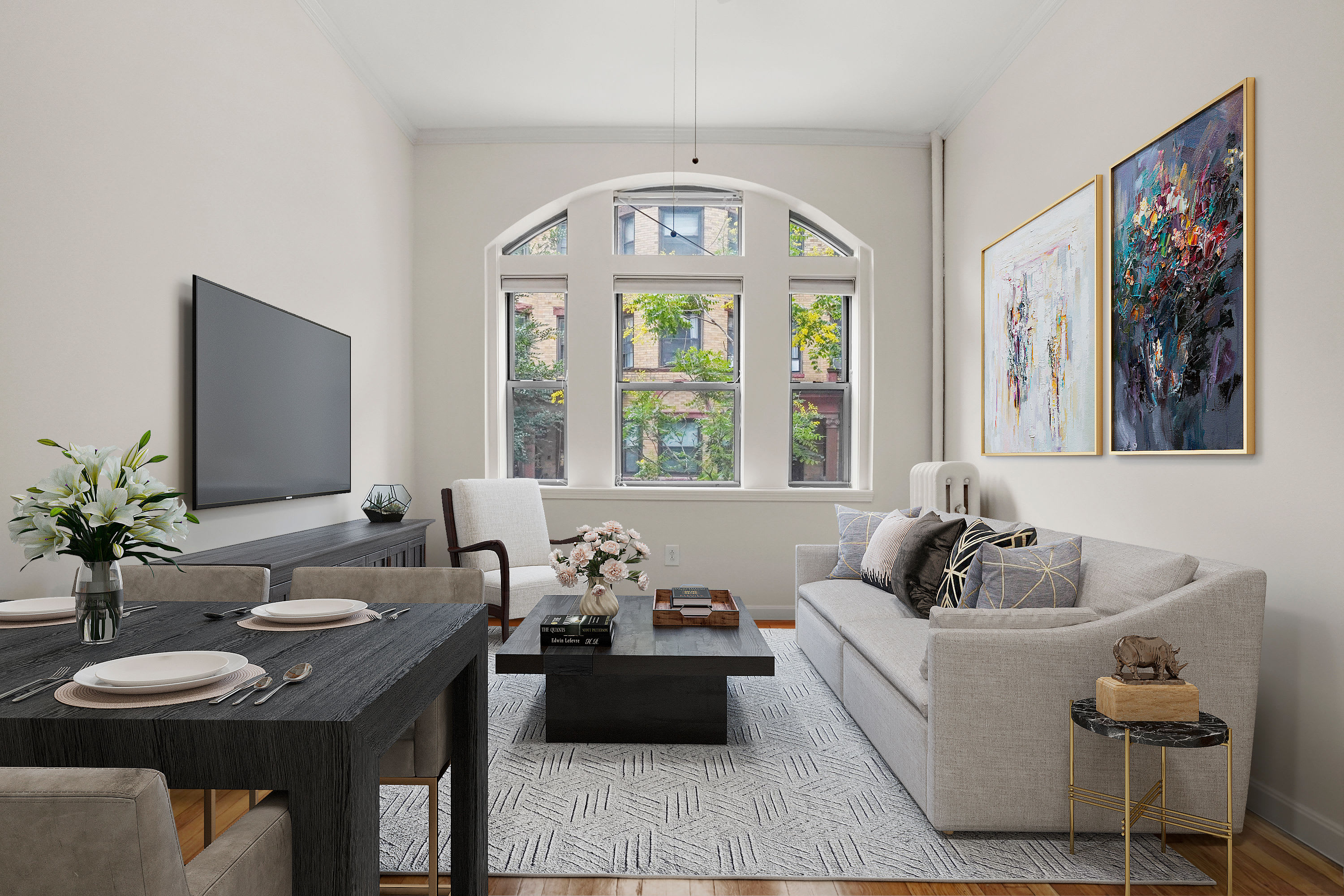 living room at Burbank Apartments in Boston, Massachusetts