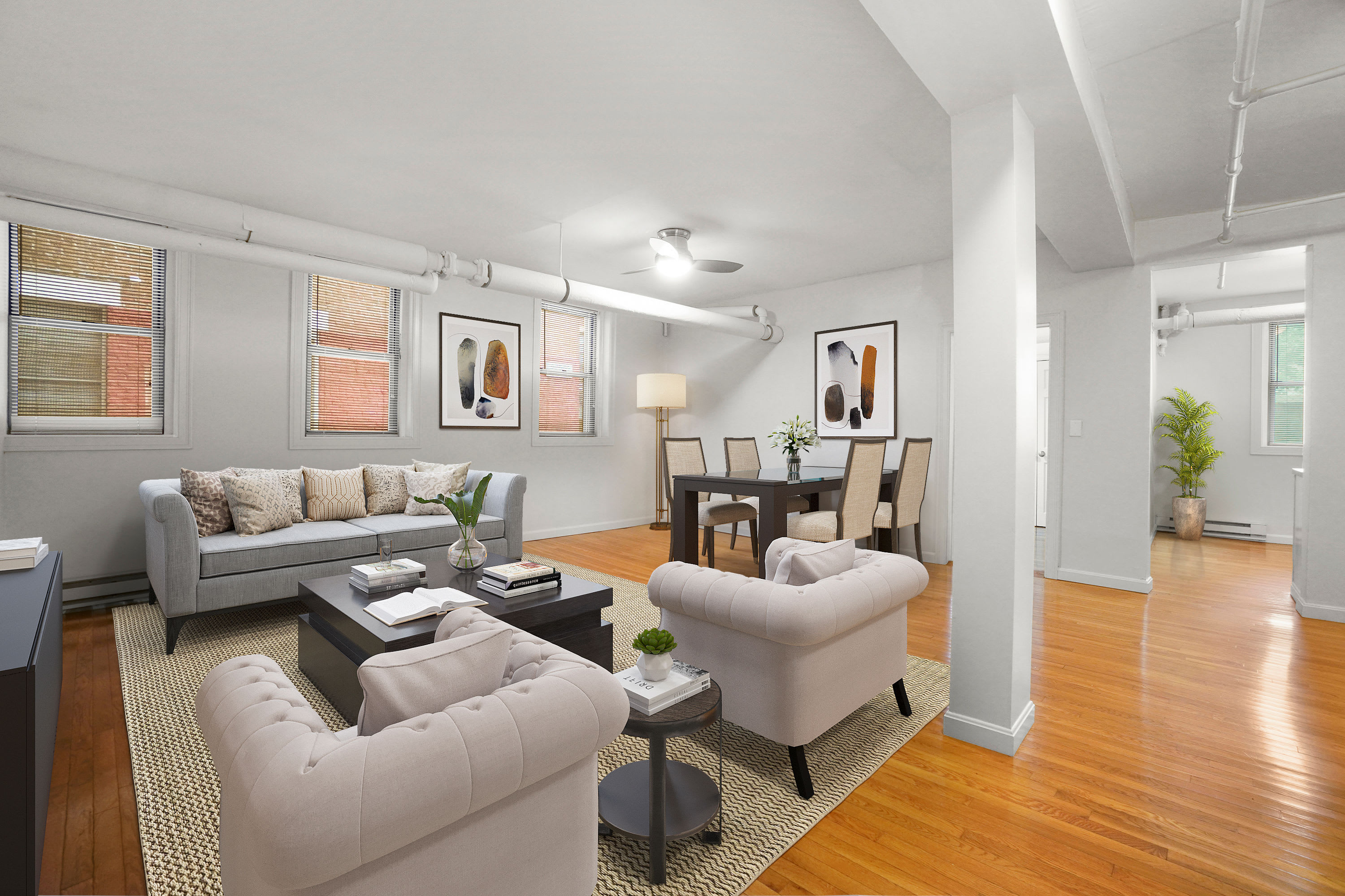 living room at Burbank Apartments in Boston, Massachusetts