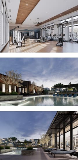 Photo mosaic of two exterior images and one of fitness center at Denver, Colorado near Solana Stapleton Apartments