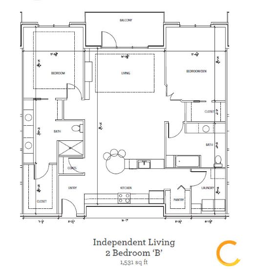 New independent living 2 bedroom deluxe blueprint at Celebration Village Forsyth in Suwanee, Georgia 
