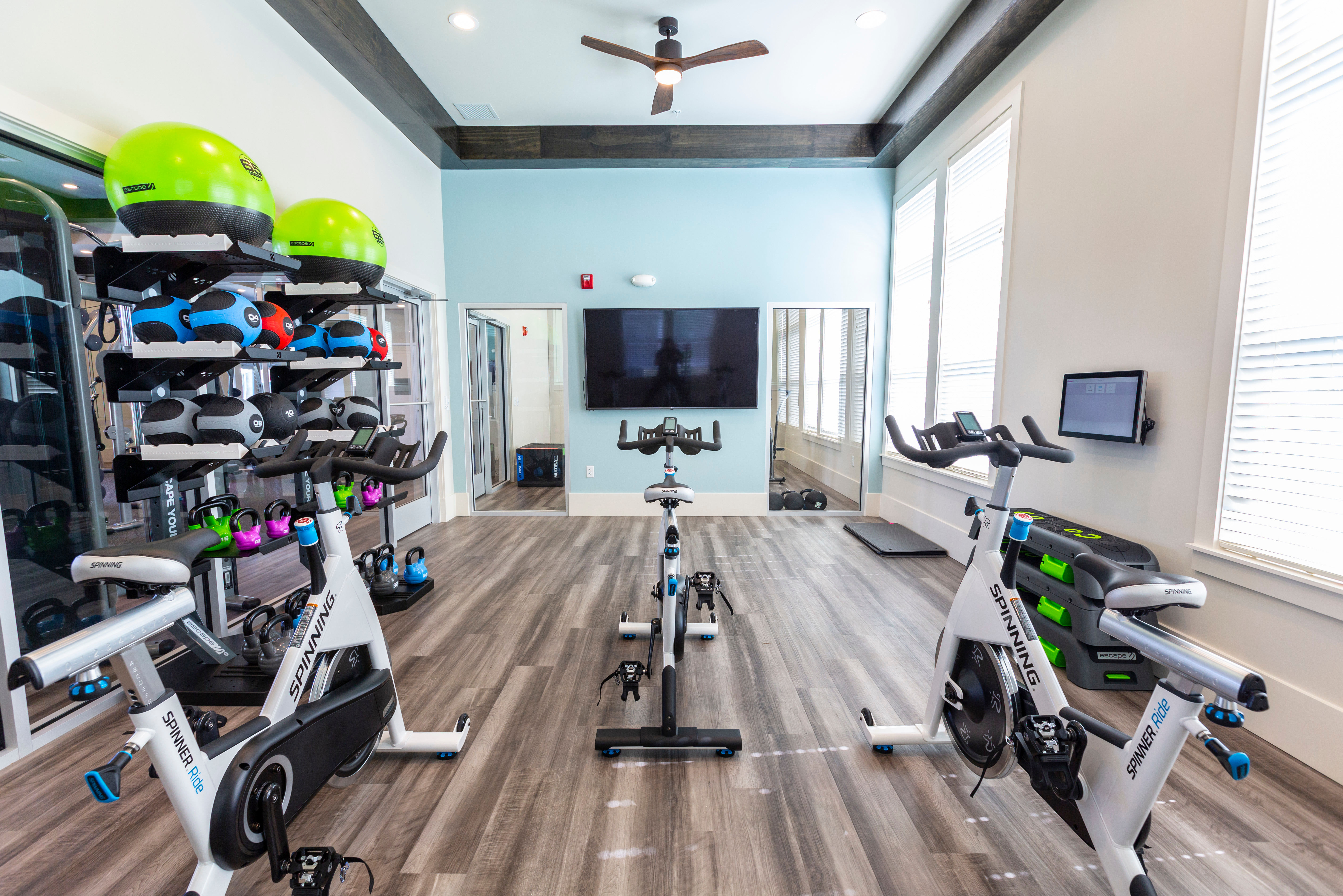 Spin room in the fitness center at Parc at Wesley Chapel in Wesley Chapel, Florida