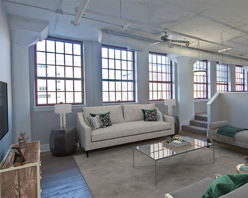 Modern living room at The Bingham in Cleveland, Ohio