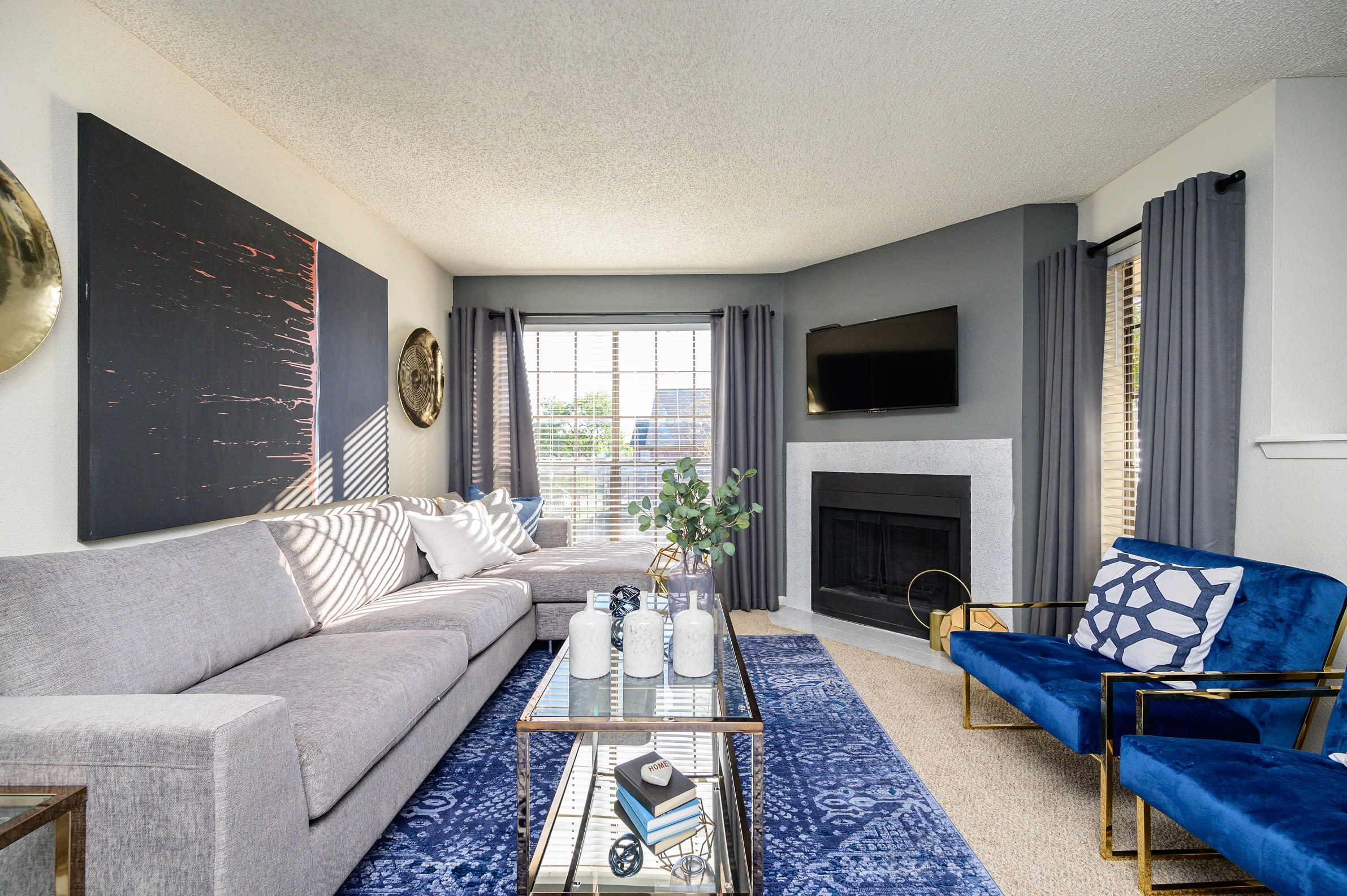 Open-concept living room at Laurel Heights at Cityview in Fort Worth, Texas