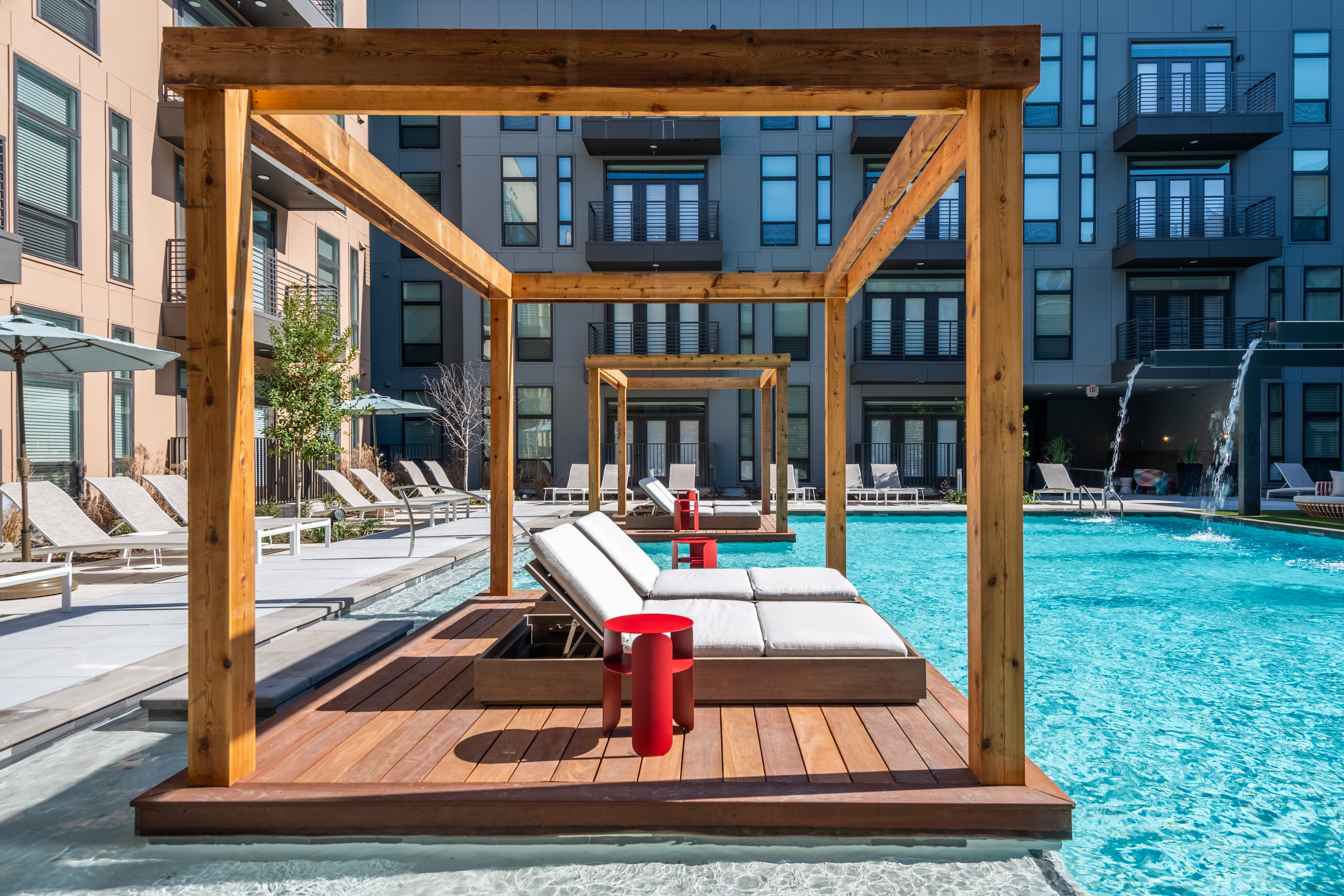 poolside wood cabanas at The Langford in Dallas, Texas