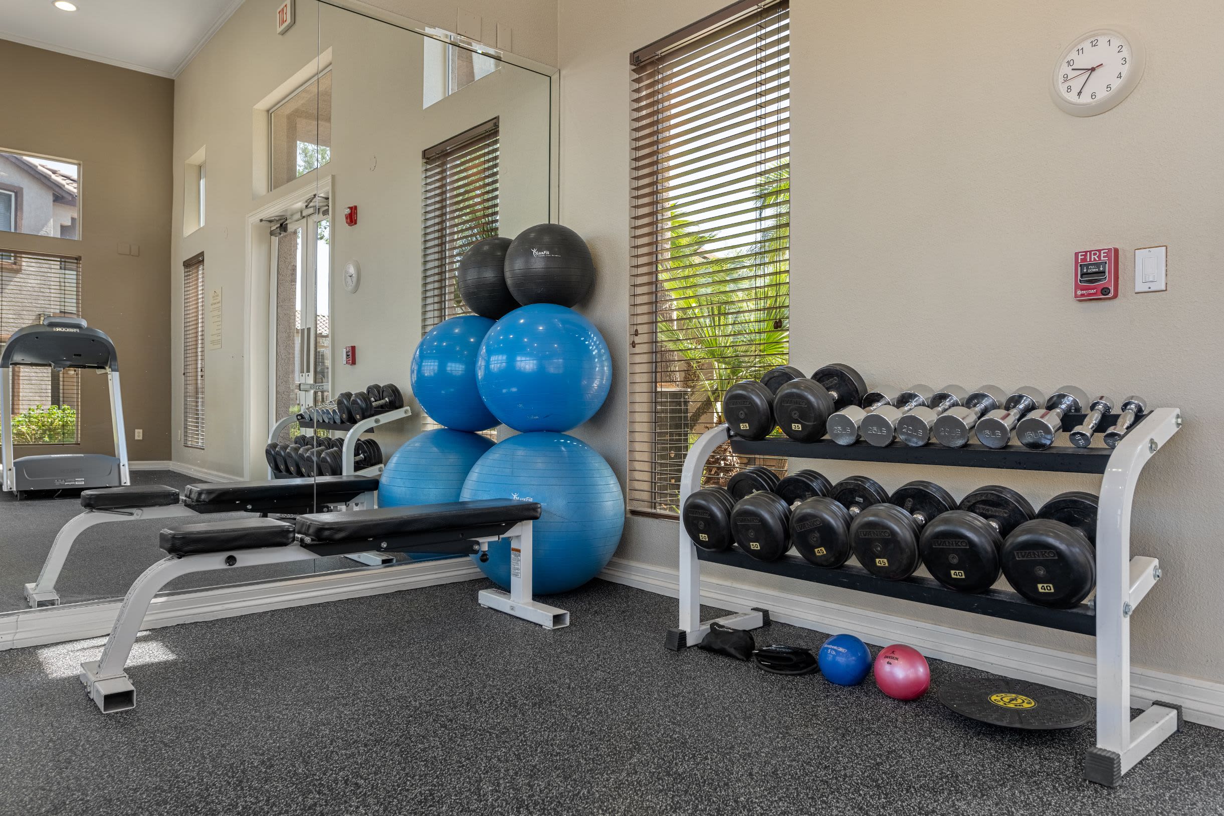 Rack of dumbbells' next to weight bench at Azure Creek in Cave Creek, Arizona