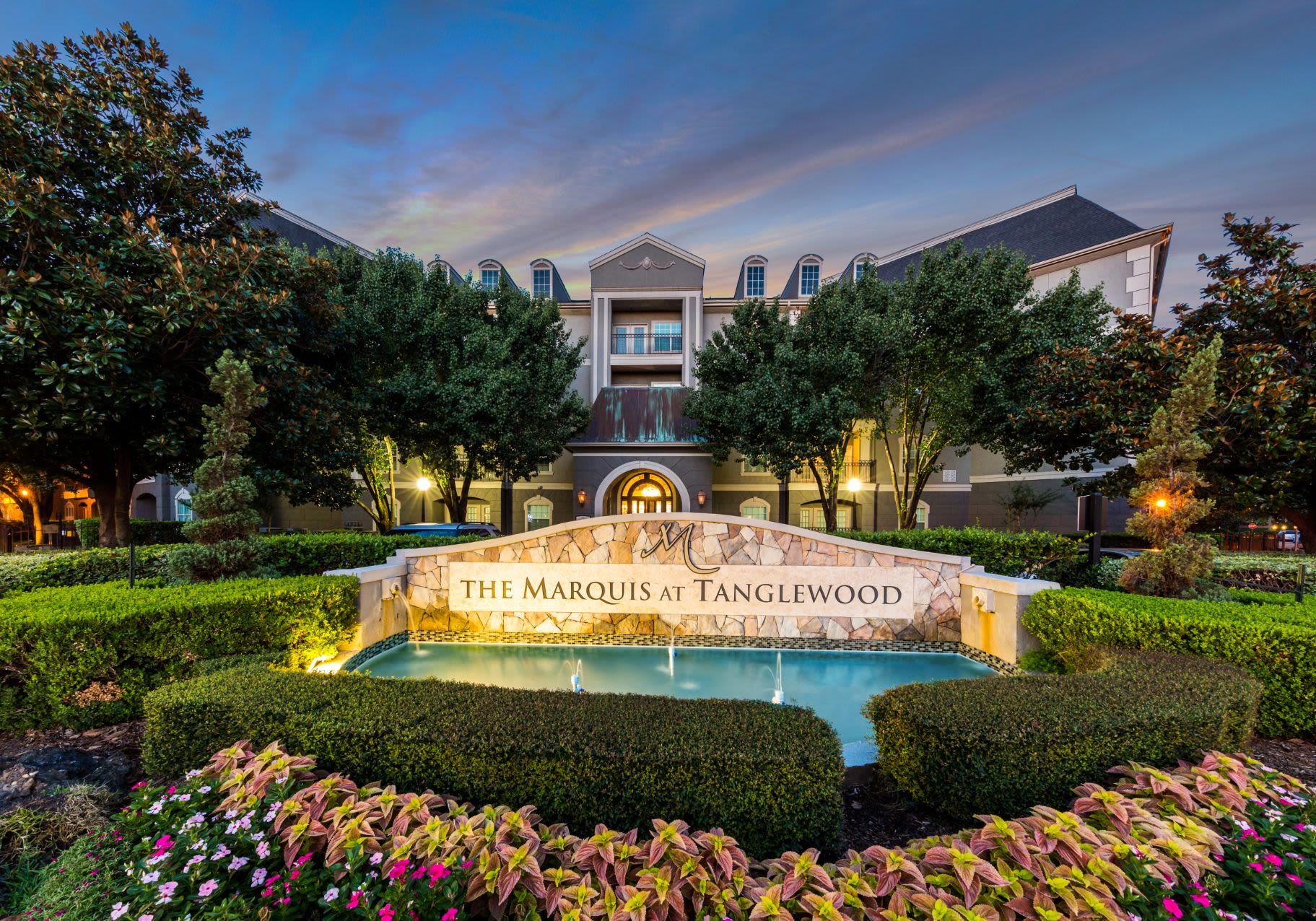 Exterior and water feature at Marquis at Tanglewood in Houston, Texas