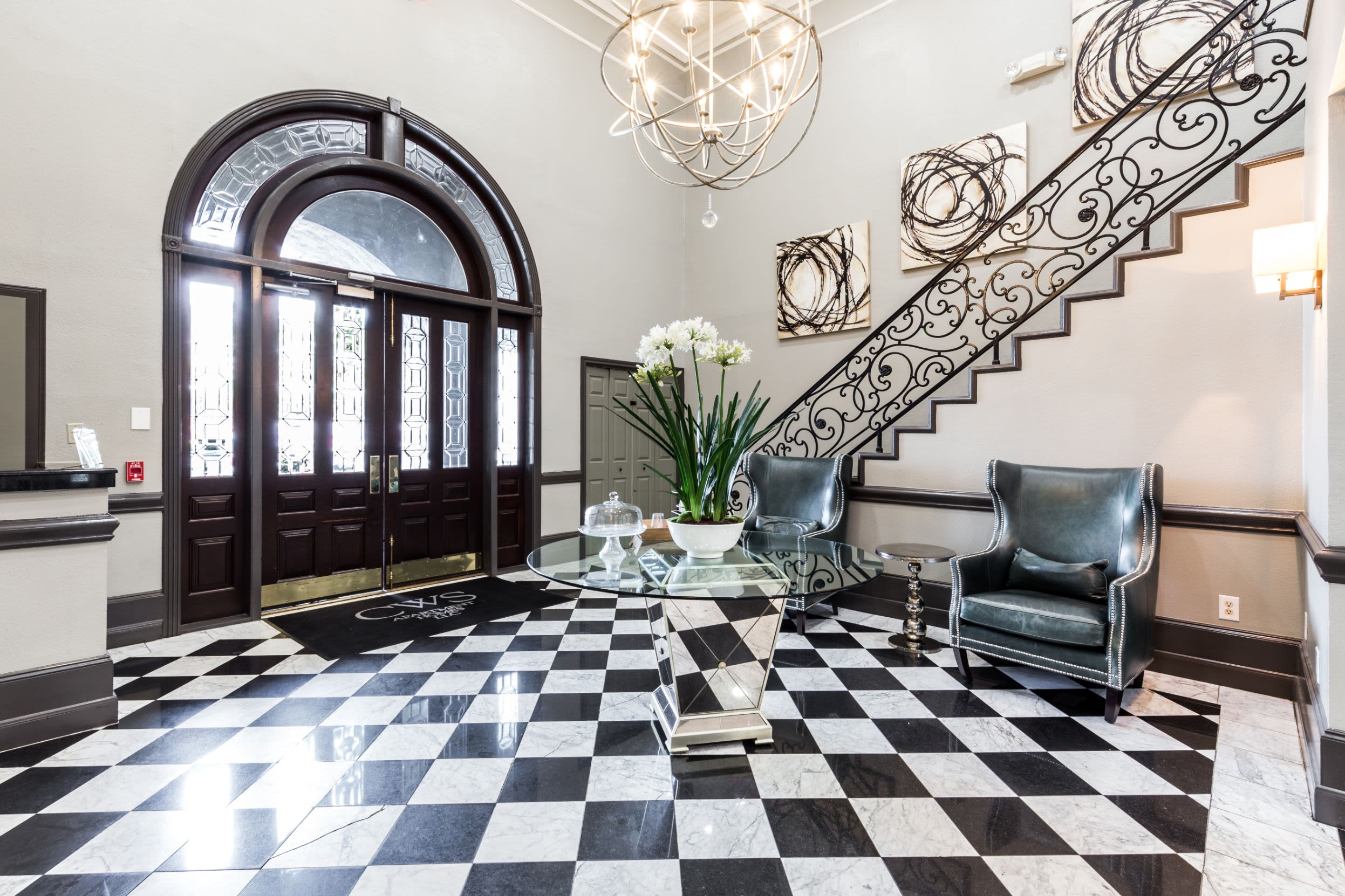 Lobby with elegant checkered flooring Houston, Texas from Marquis at Tanglewood