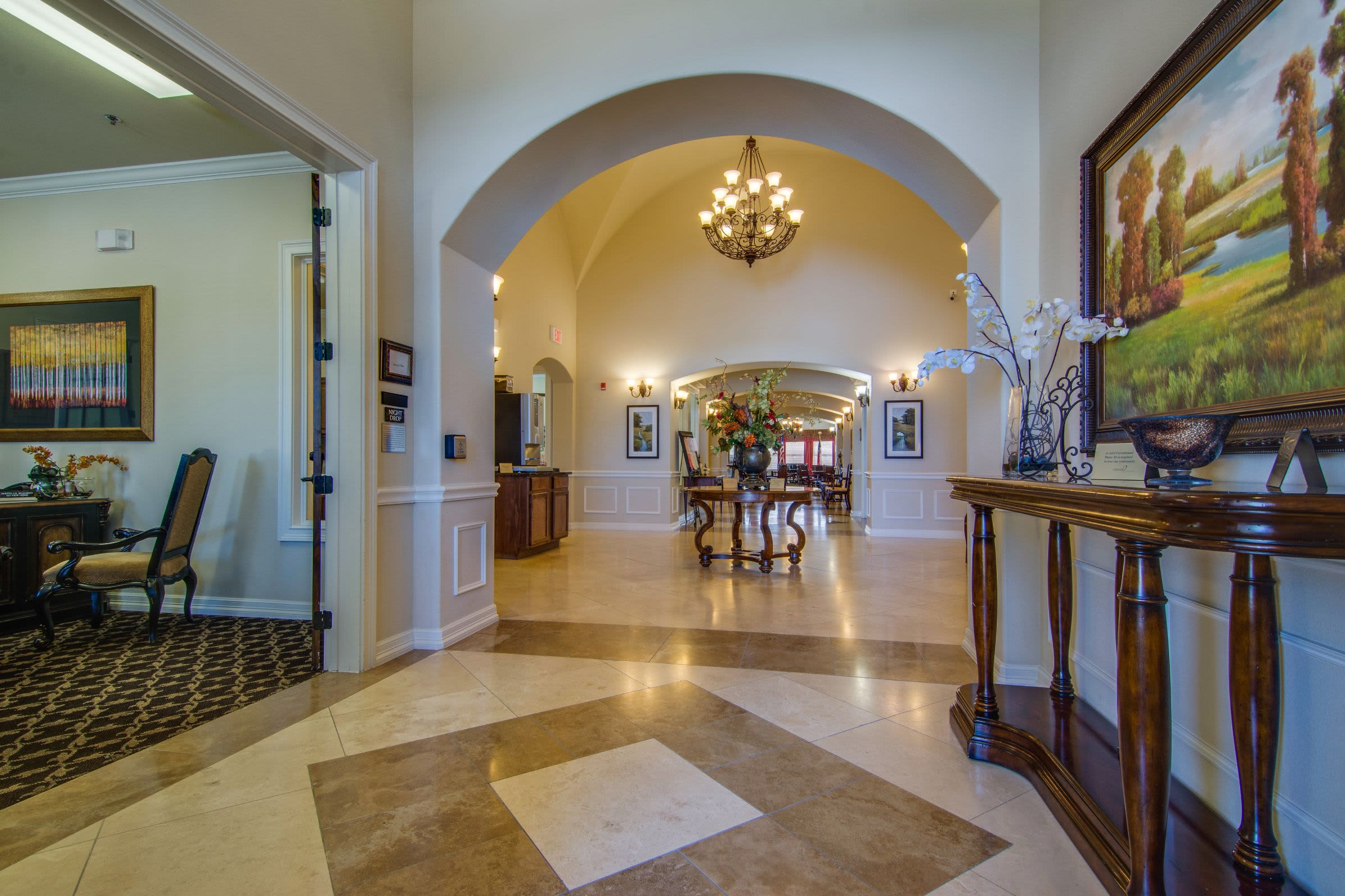 Foyer adjacent to dining hall at Marquis Rockwall in Rockwall, Texas
