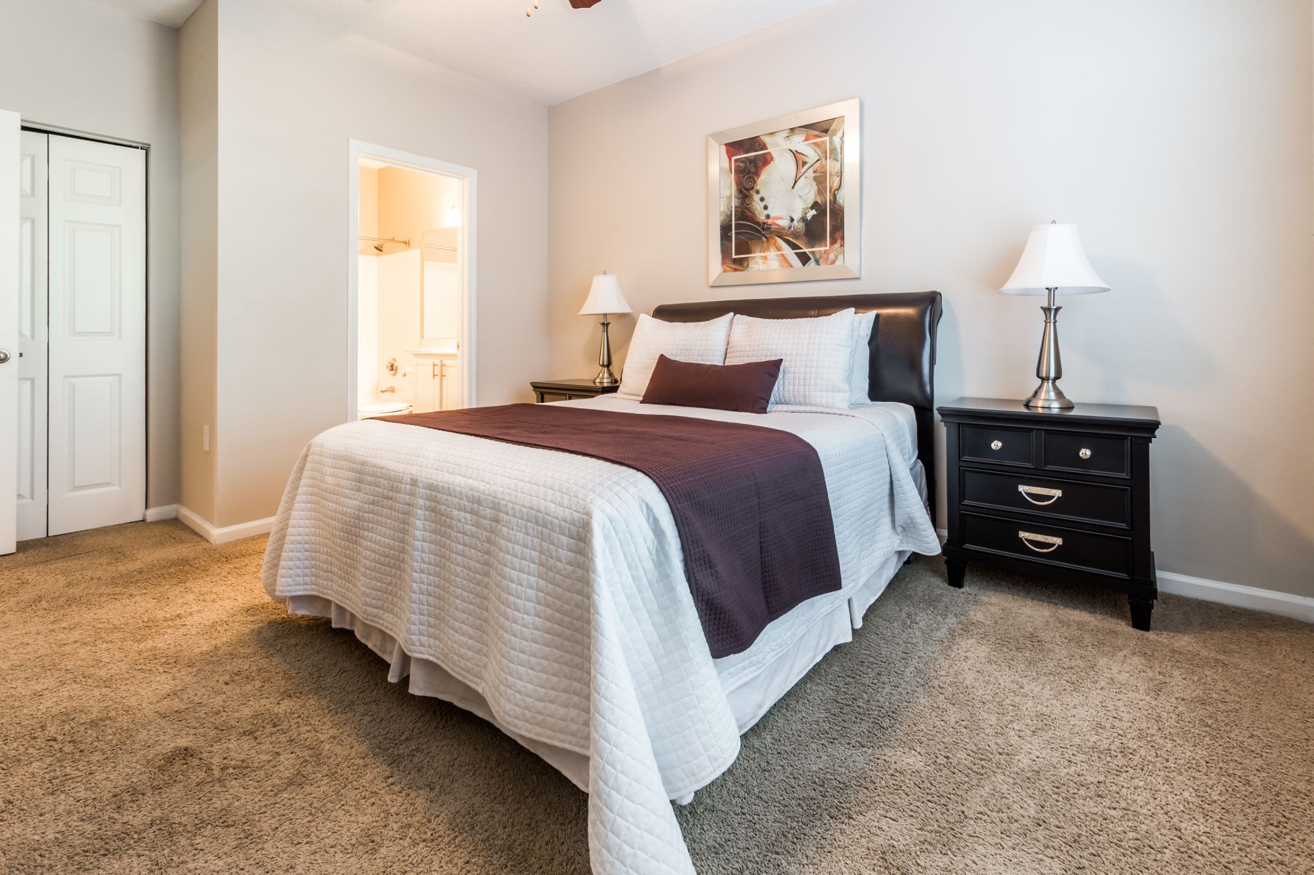 Bedroom with carpeted floors at The Preserve at Ballantyne Commons in Charlotte, North Carolina