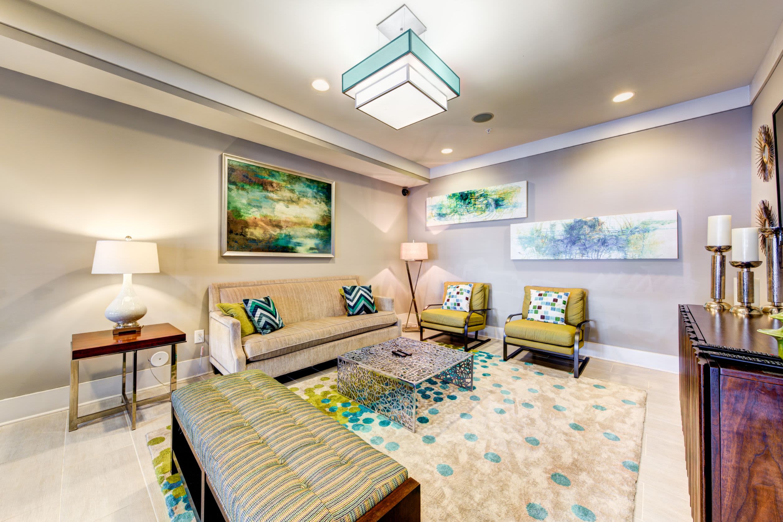 Community clubhouse with ample seating at Marquis at Morrison Plantation in Mooresville, North Carolina
