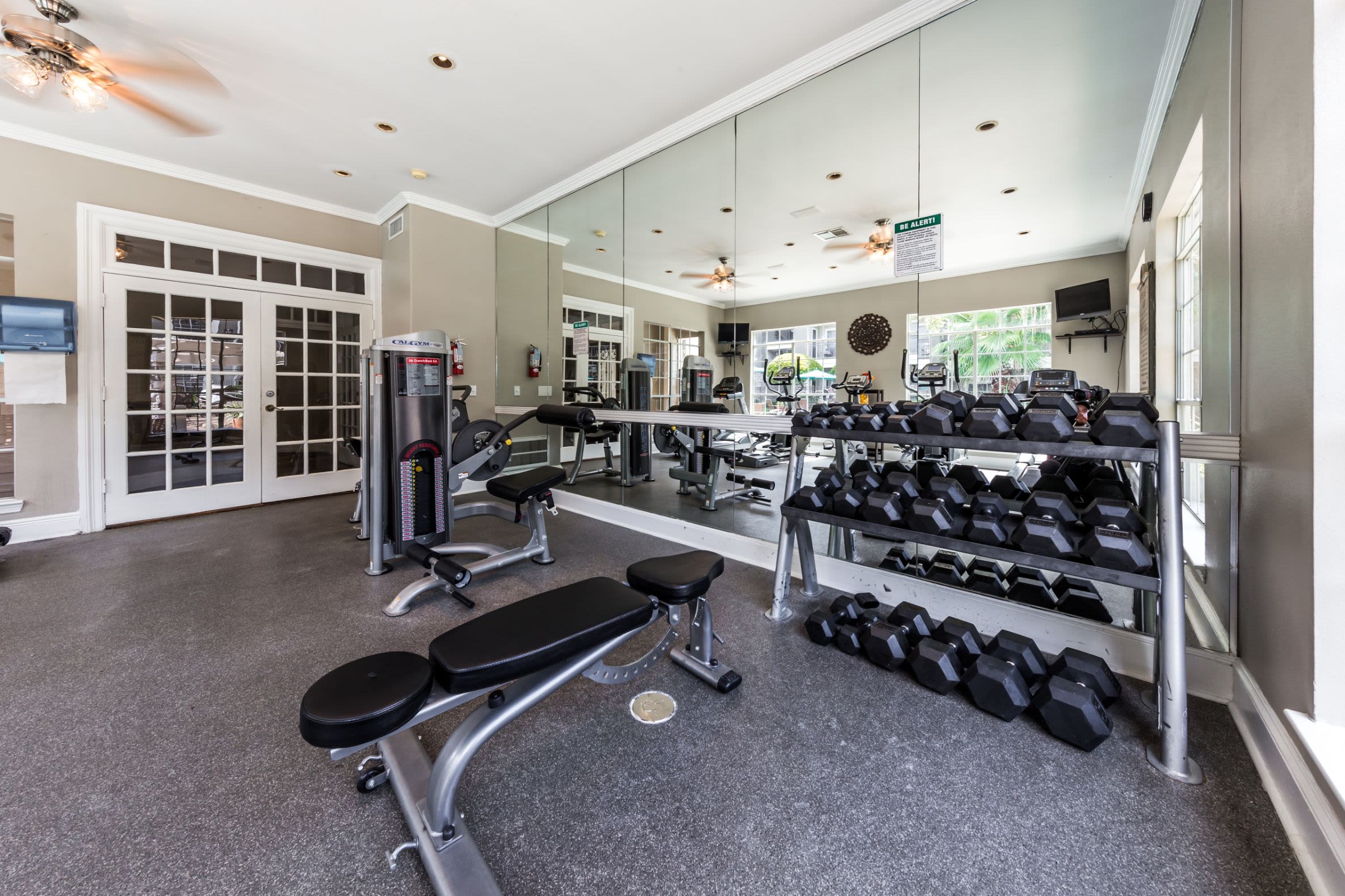 Weights in fitness center at Marquis on Westheimer in Houston, Texas