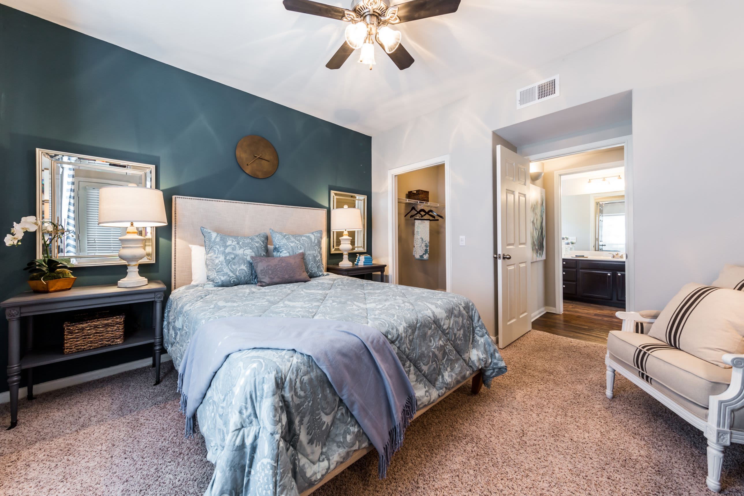 Bedroom with ceiling fan at Marquis on Westheimer in Houston, Texas