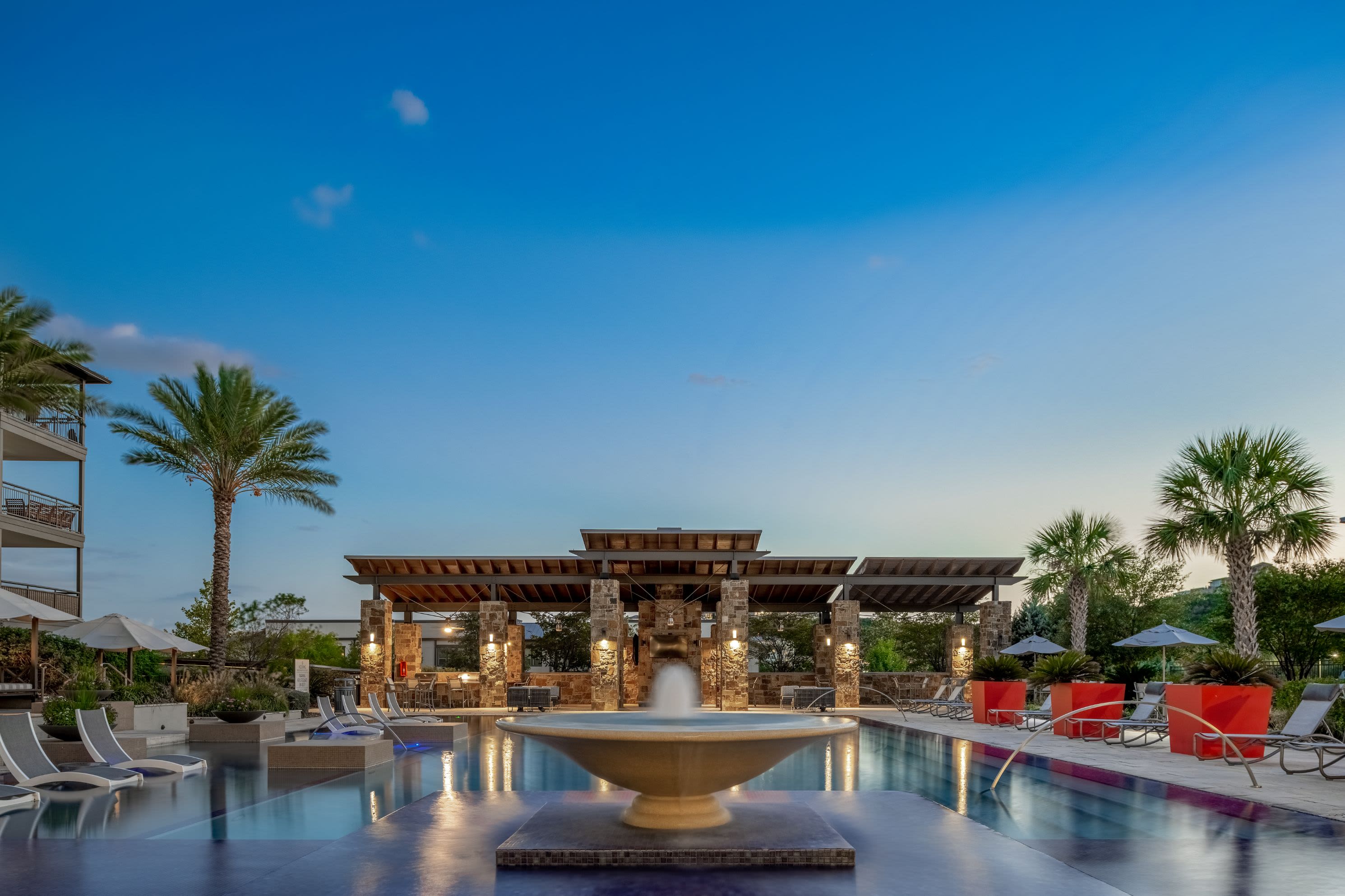 Swimming pool at dusk at Marquis Cresta Bella in San Antonio, Texas