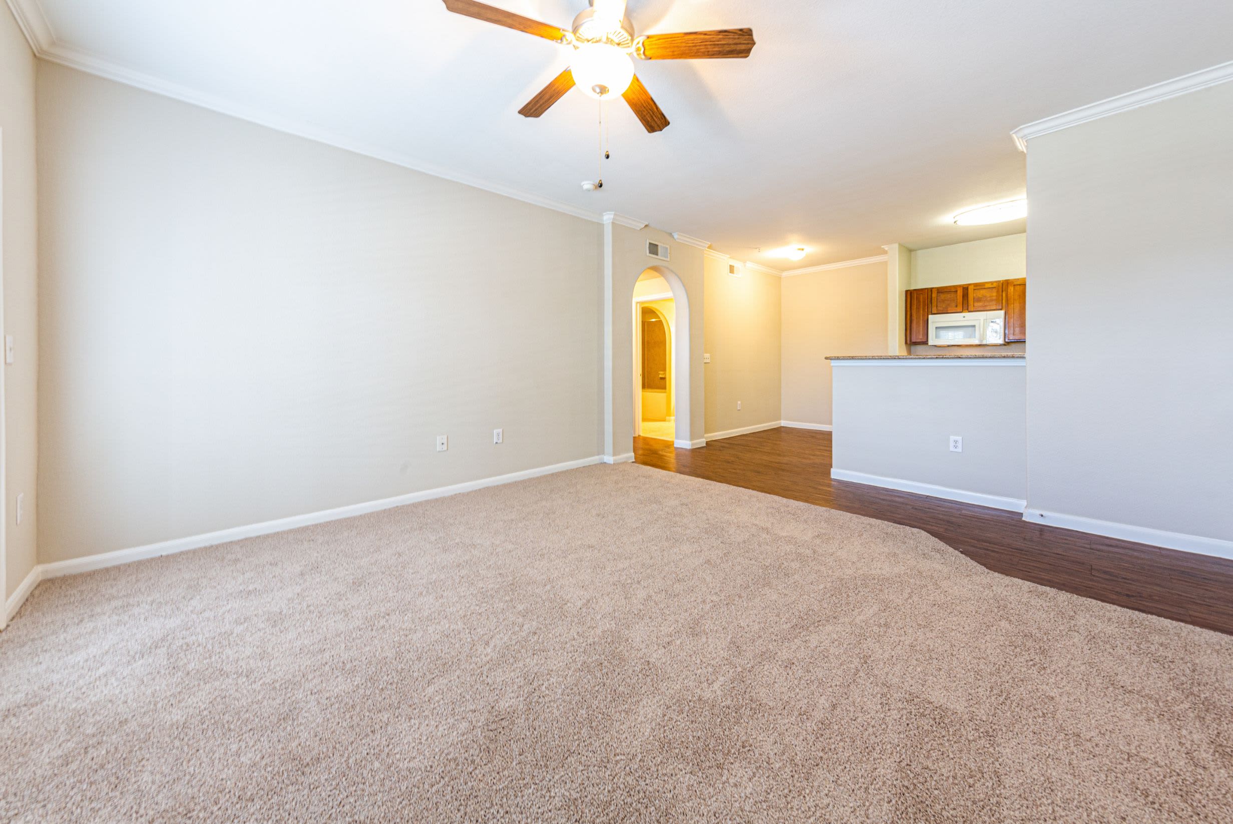 Spacious living room with carpet at Marquis Grand Lakes in Richmond, Texas