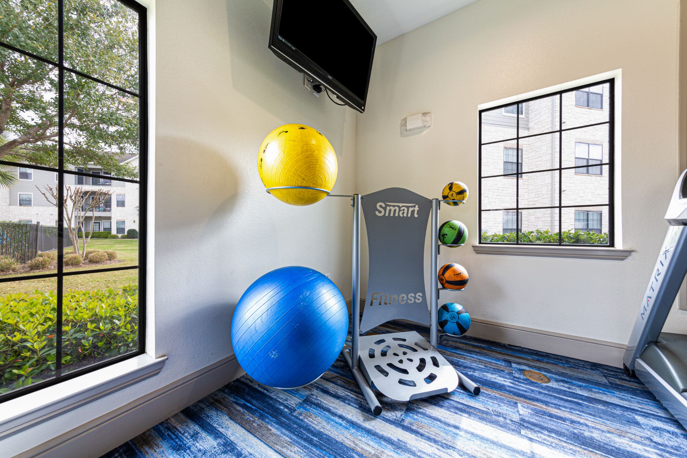 Medicine balls in fitness center at Marquis Grand Lakes in Richmond, Texas