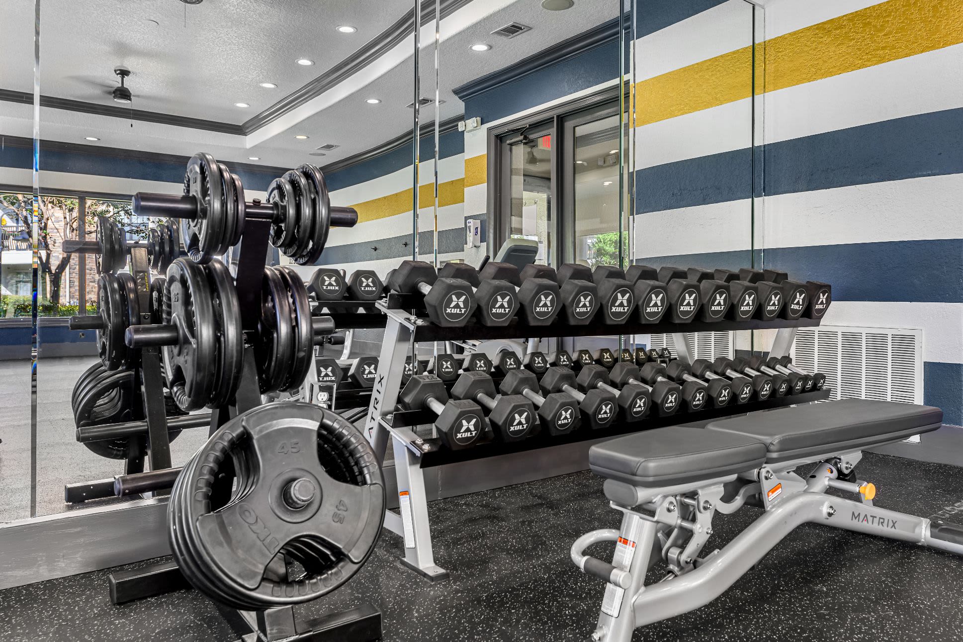Free weights in fitness center at Marquis Lakeline Station in Austin, Texas
