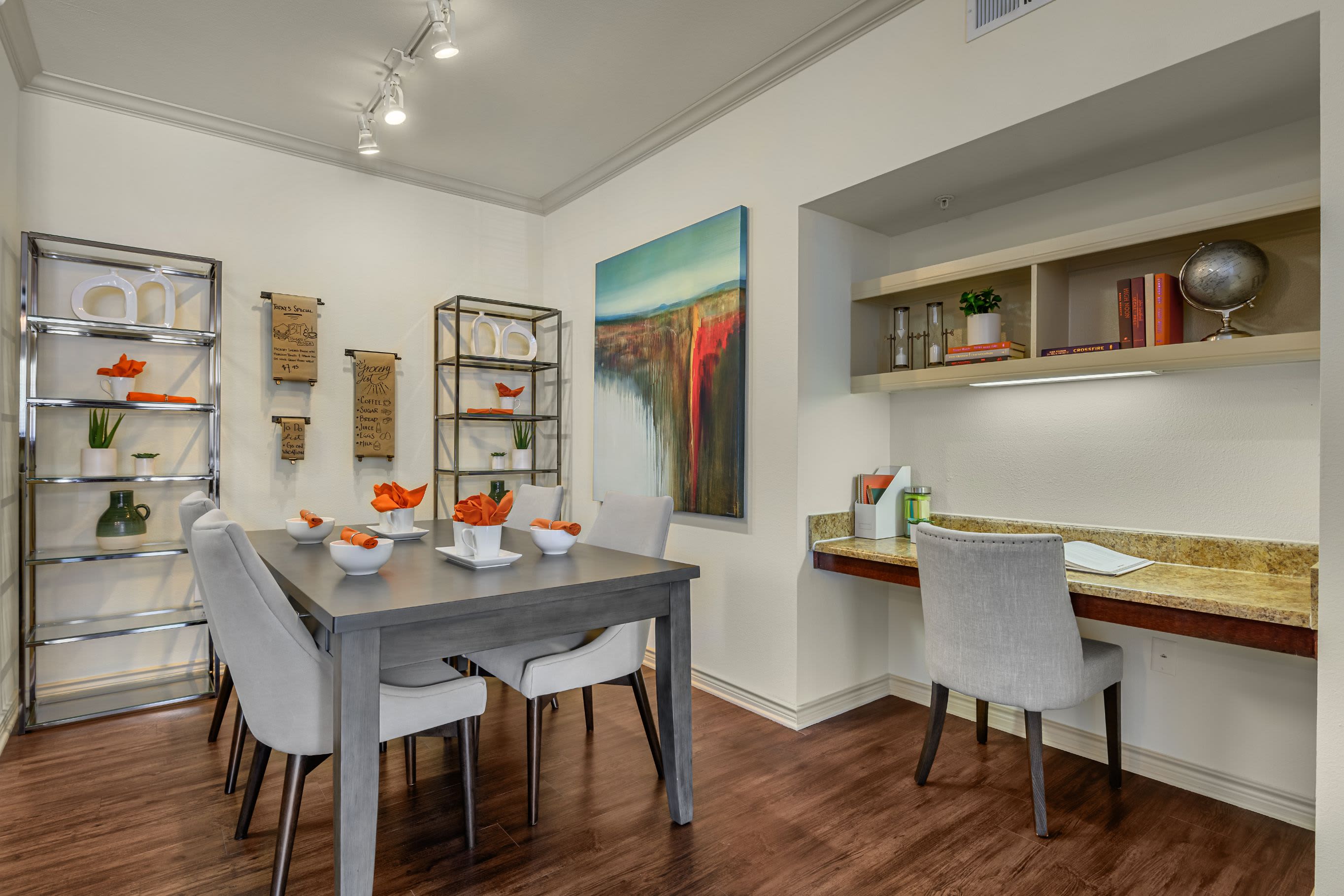 Bright dining area and built in desk at Marquis Lakeline Station in Austin, Texas