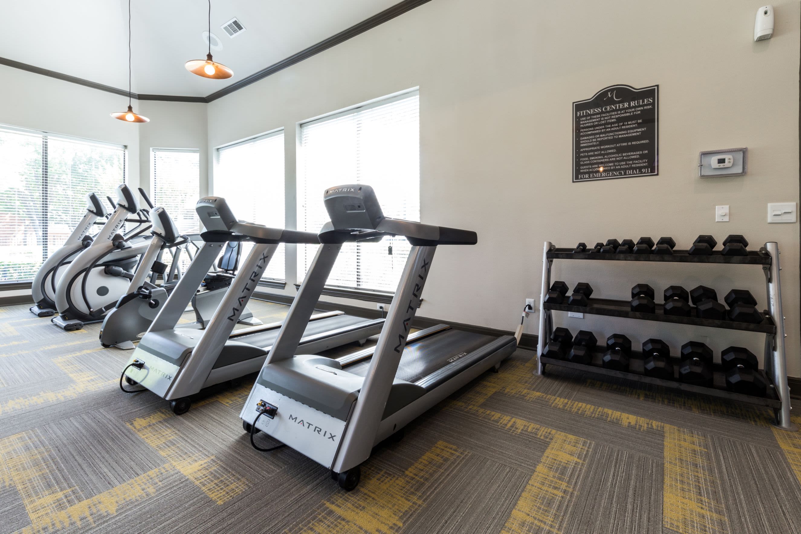 Cardio machines in the fitness center at Marquis at Stonebriar in Frisco, Texas