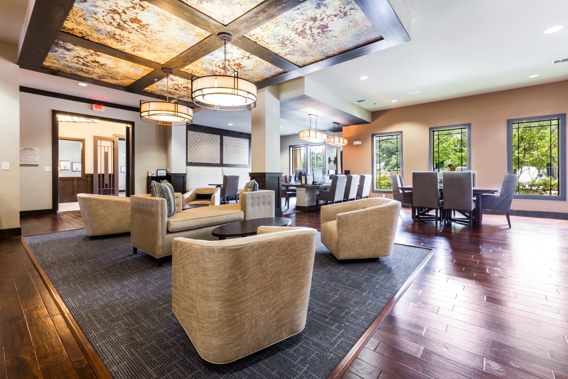 Elegant seating in the lobby at Marquis on Lakeline in Cedar Park, Texas