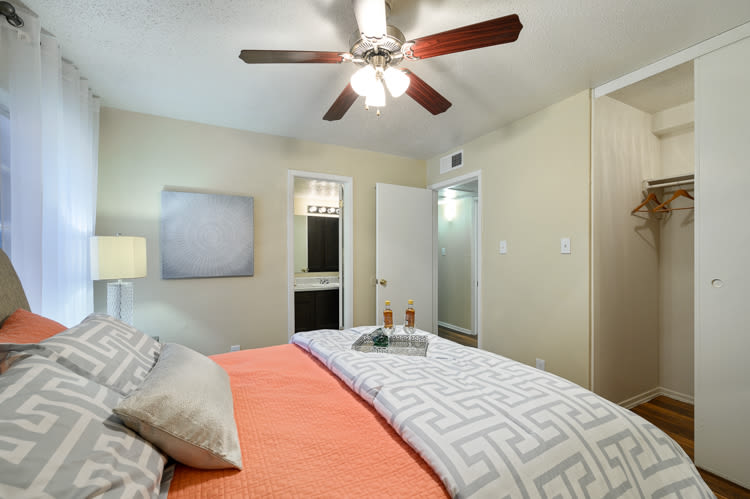 Model bedroom at The Manchester Apartments in Euless, Texas