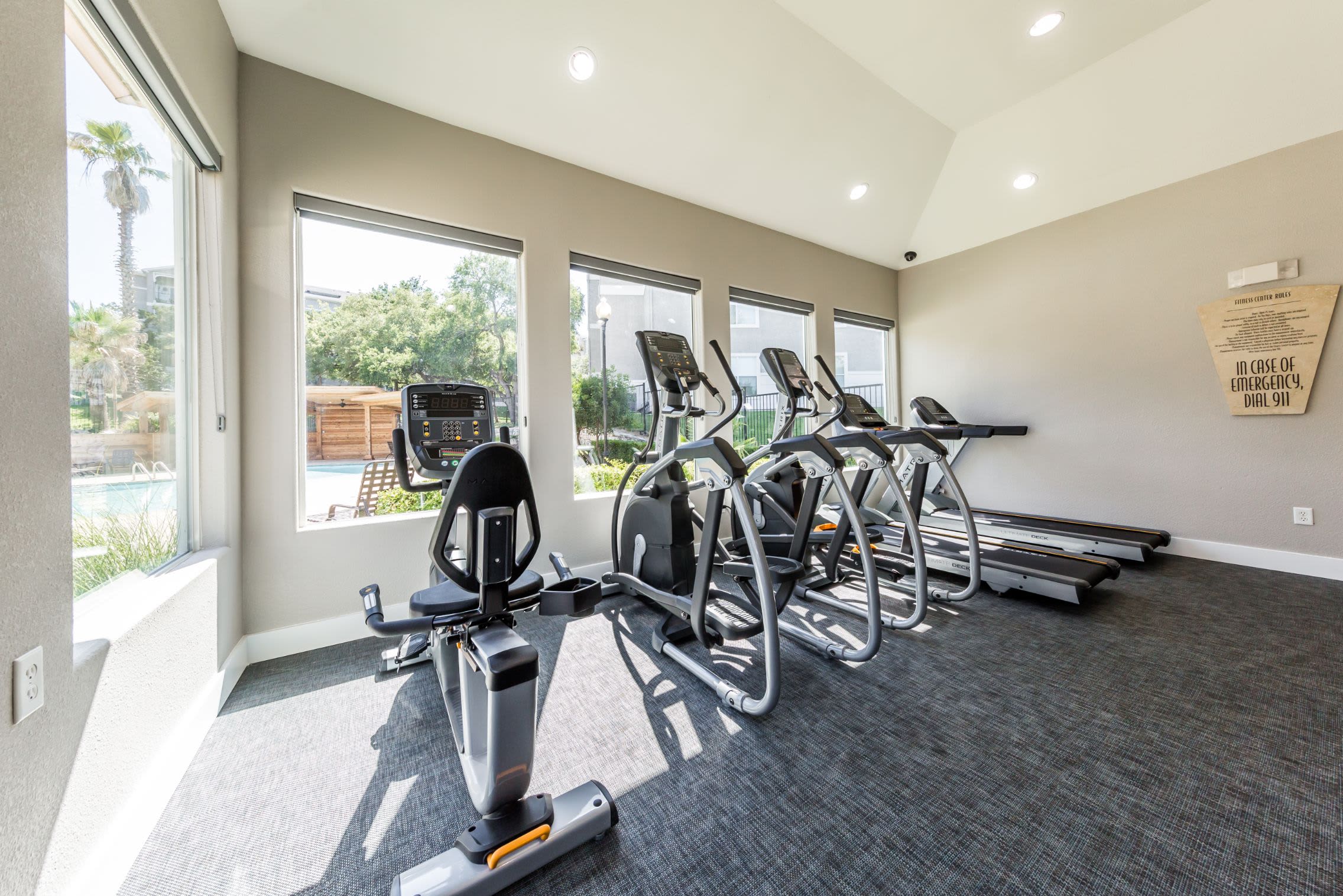 Cardio machines in the fitness center at Marquis at Crown Ridge in San Antonio, Texas