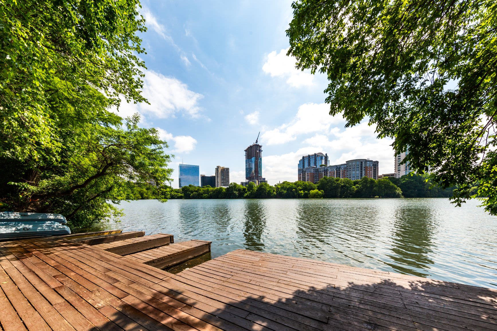 Dock overlooking the city at SoCo on The Lake in Austin, Texas