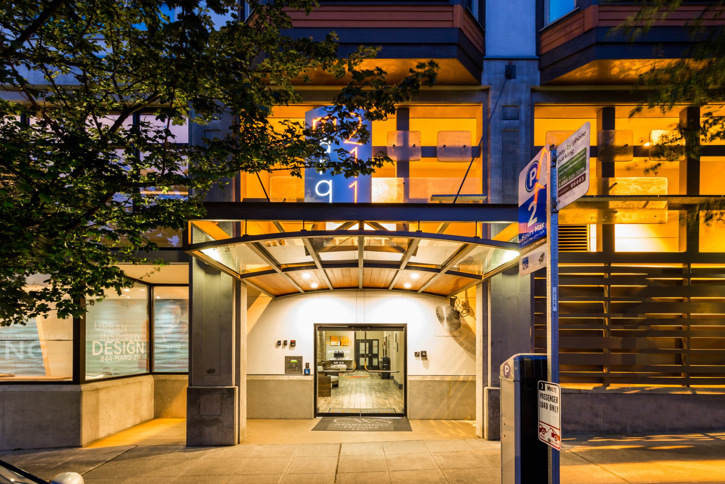 Street entrance at Marq 211 in Seattle, Washington