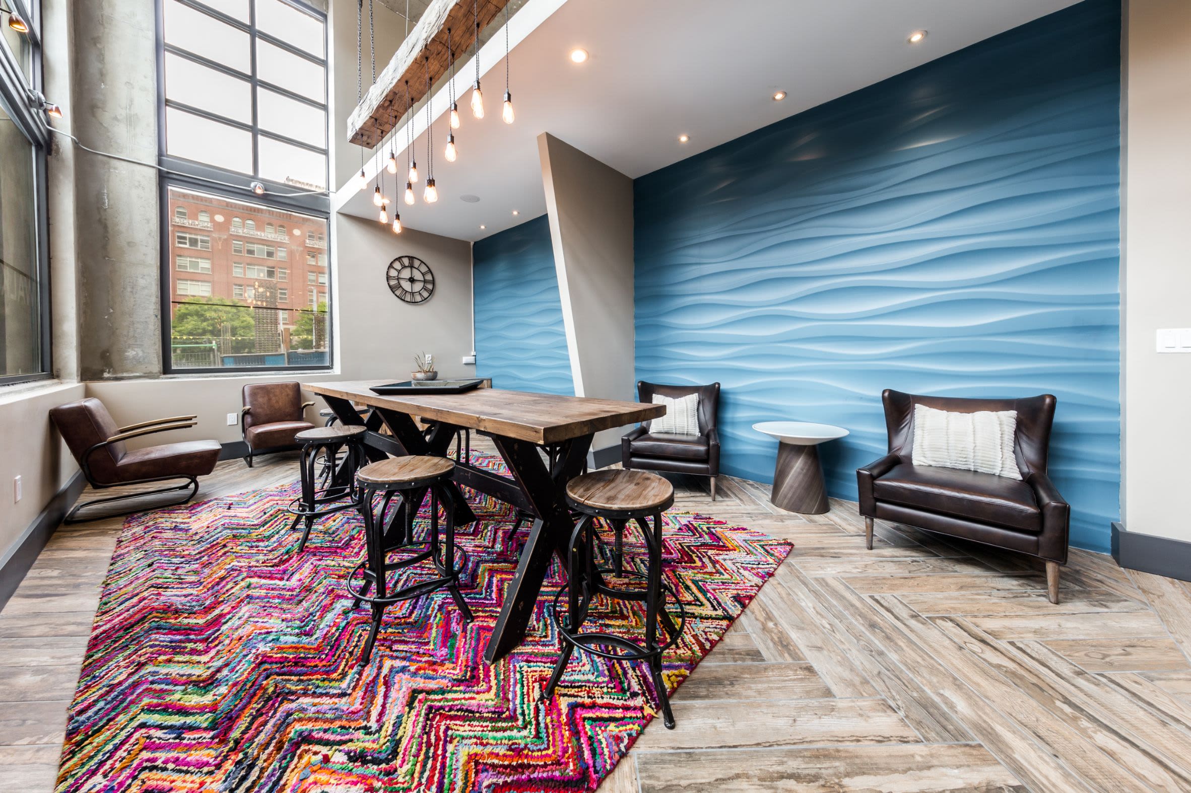 Seating in the lobby at Marq 211 in Seattle, Washington