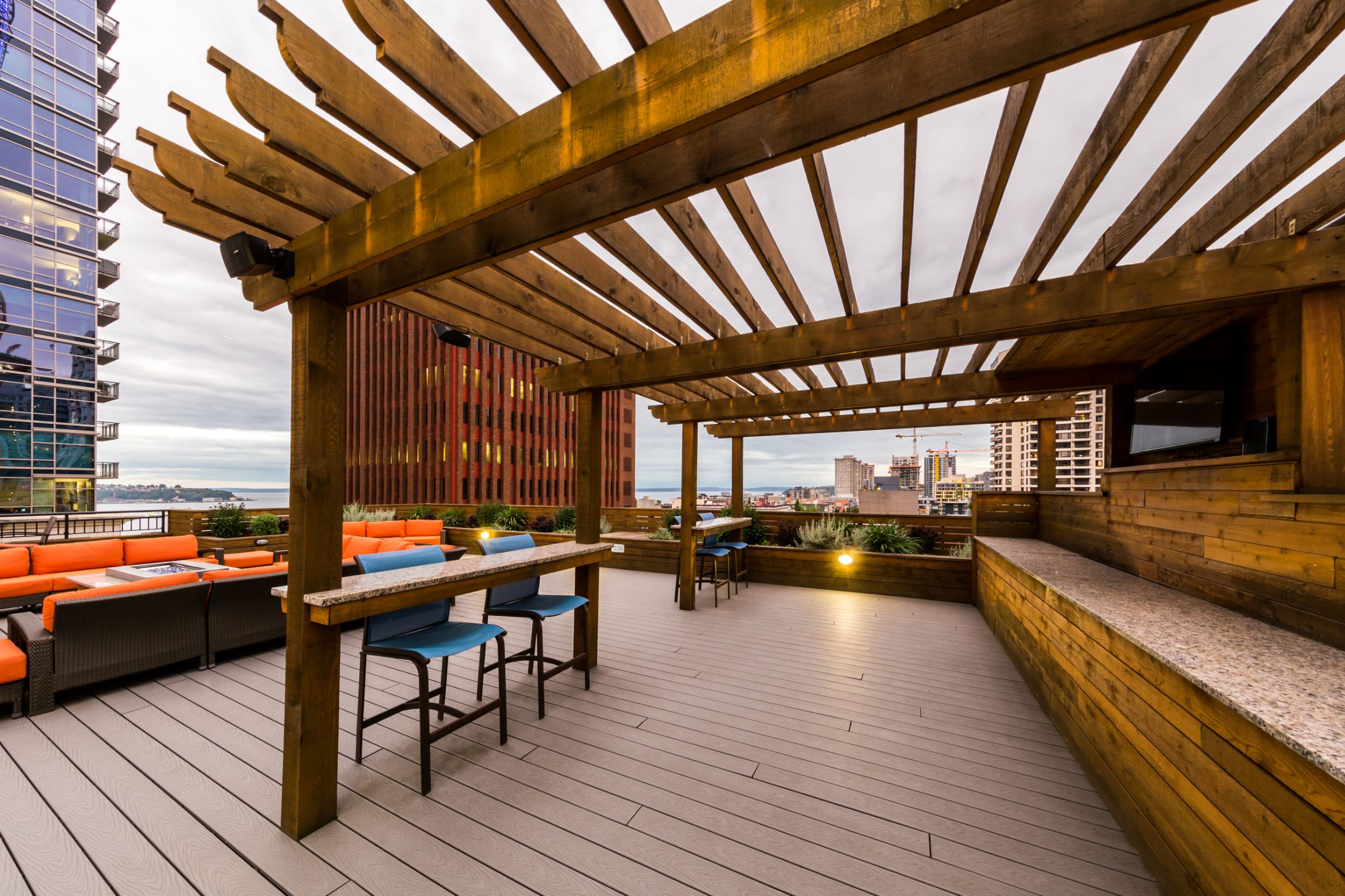 Rooftop lounge with gazebo at Marq 211 in Seattle, Washington