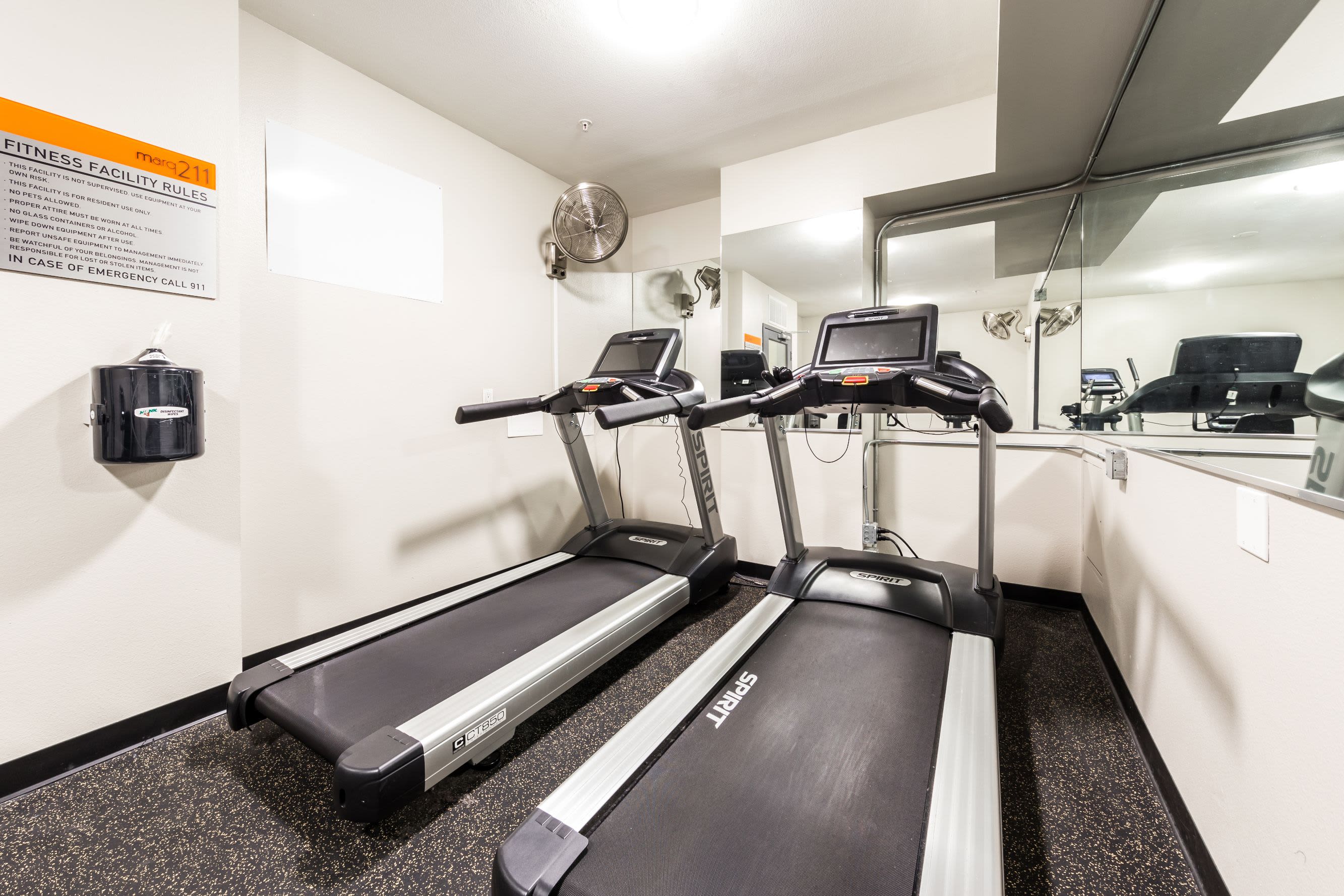 Treadmills in fitness center at Marq 211 in Seattle, Washington