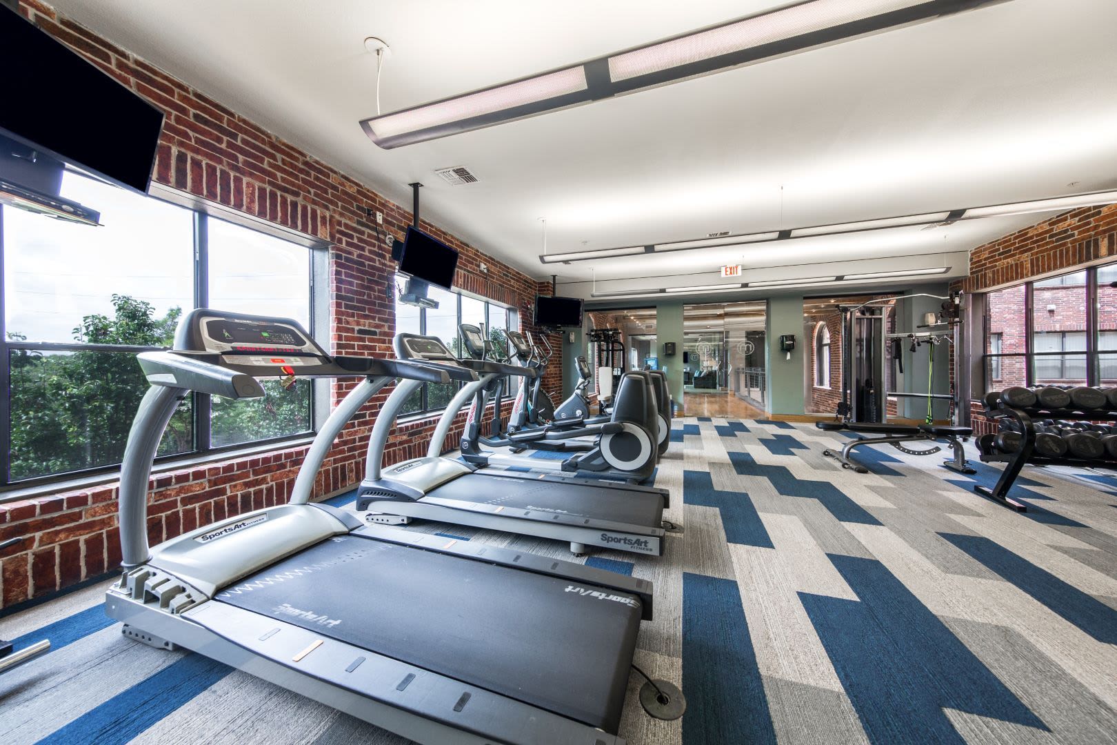 Treadmills in the fitness center at Marquis Lofts on Sabine in Houston, Texas