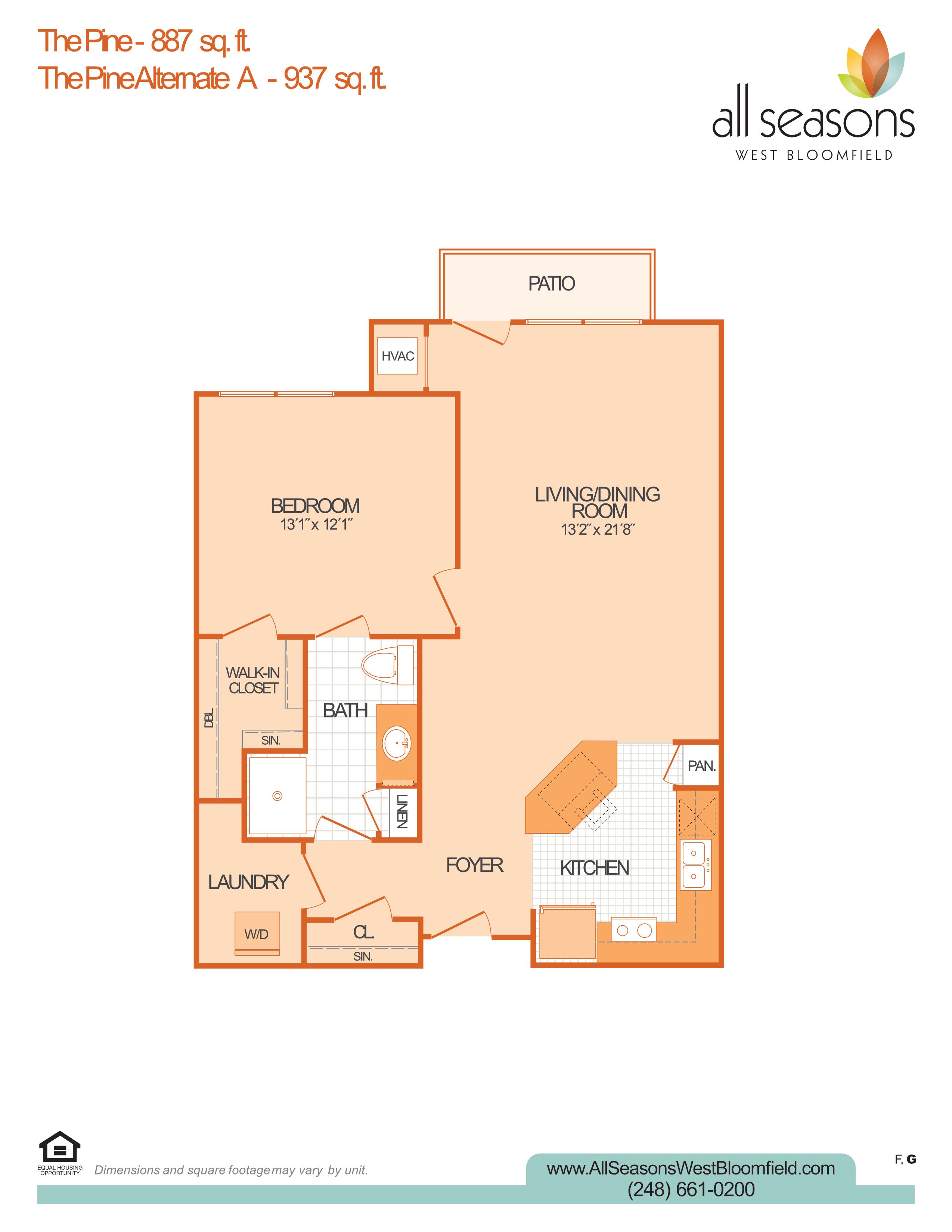 The Pine floor plan at All Seasons West Bloomfield in West Bloomfield, Michigan