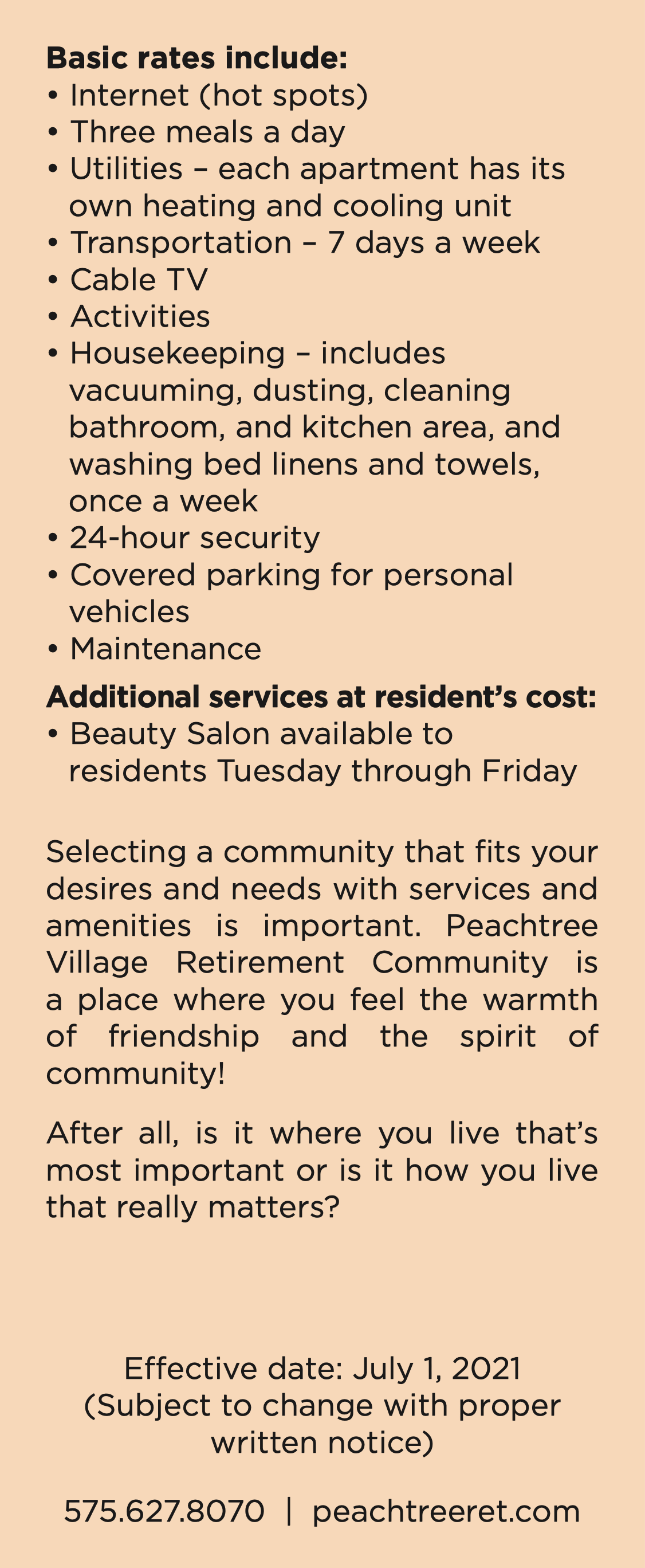 Rates at Peachtree Village Retirement Community