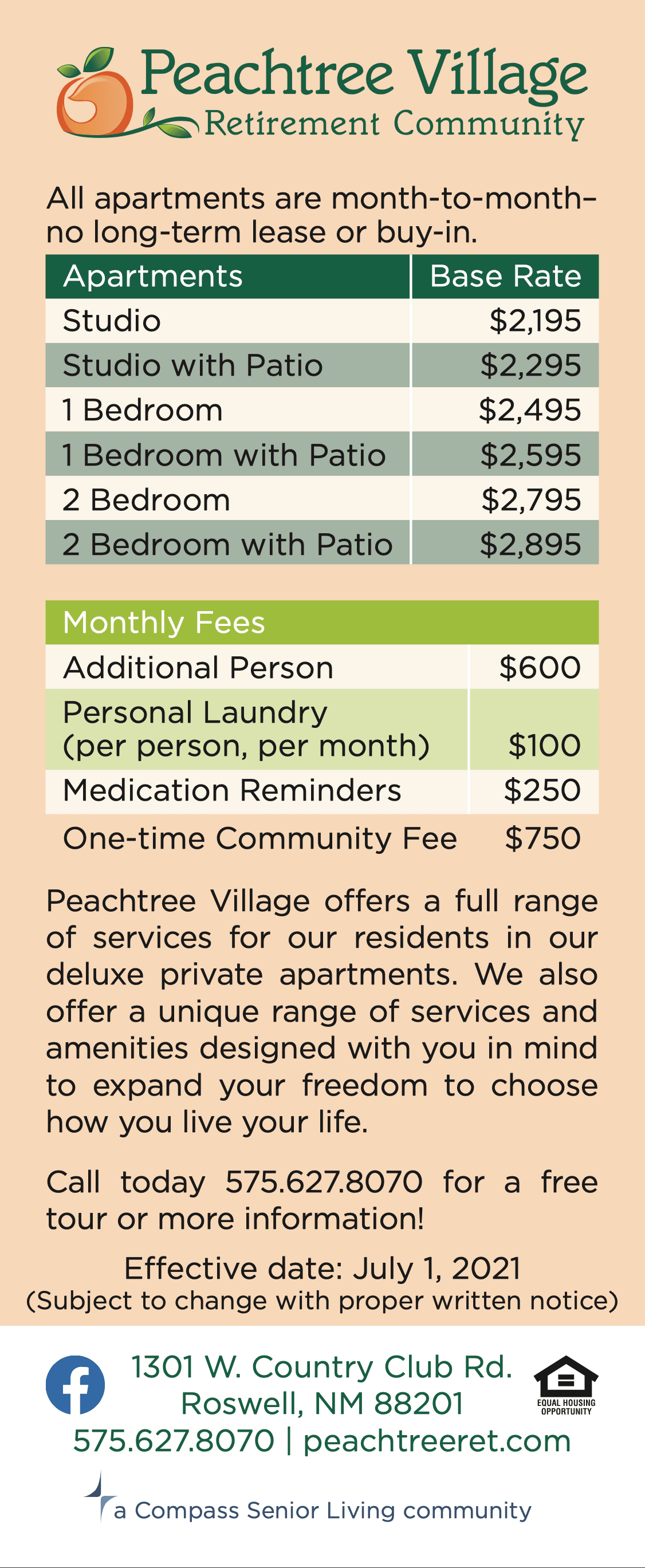 Rates at Peachtree Village Retirement Community