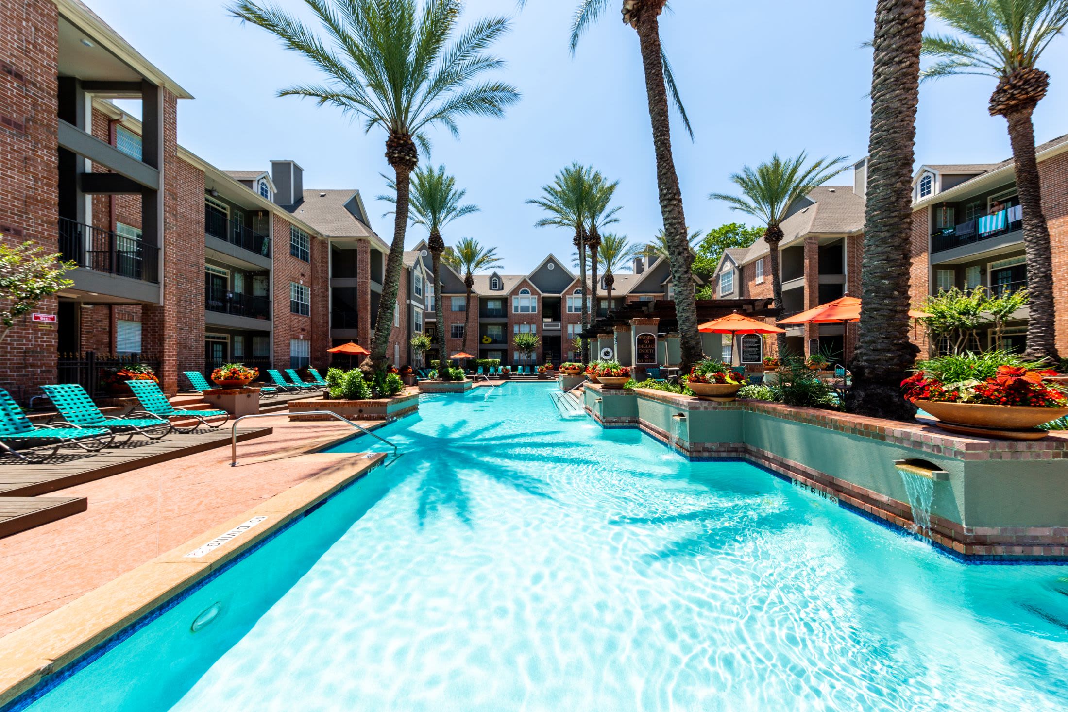 Resort style pool with palm trees at Marquis on Pin Oak in Houston, Texas