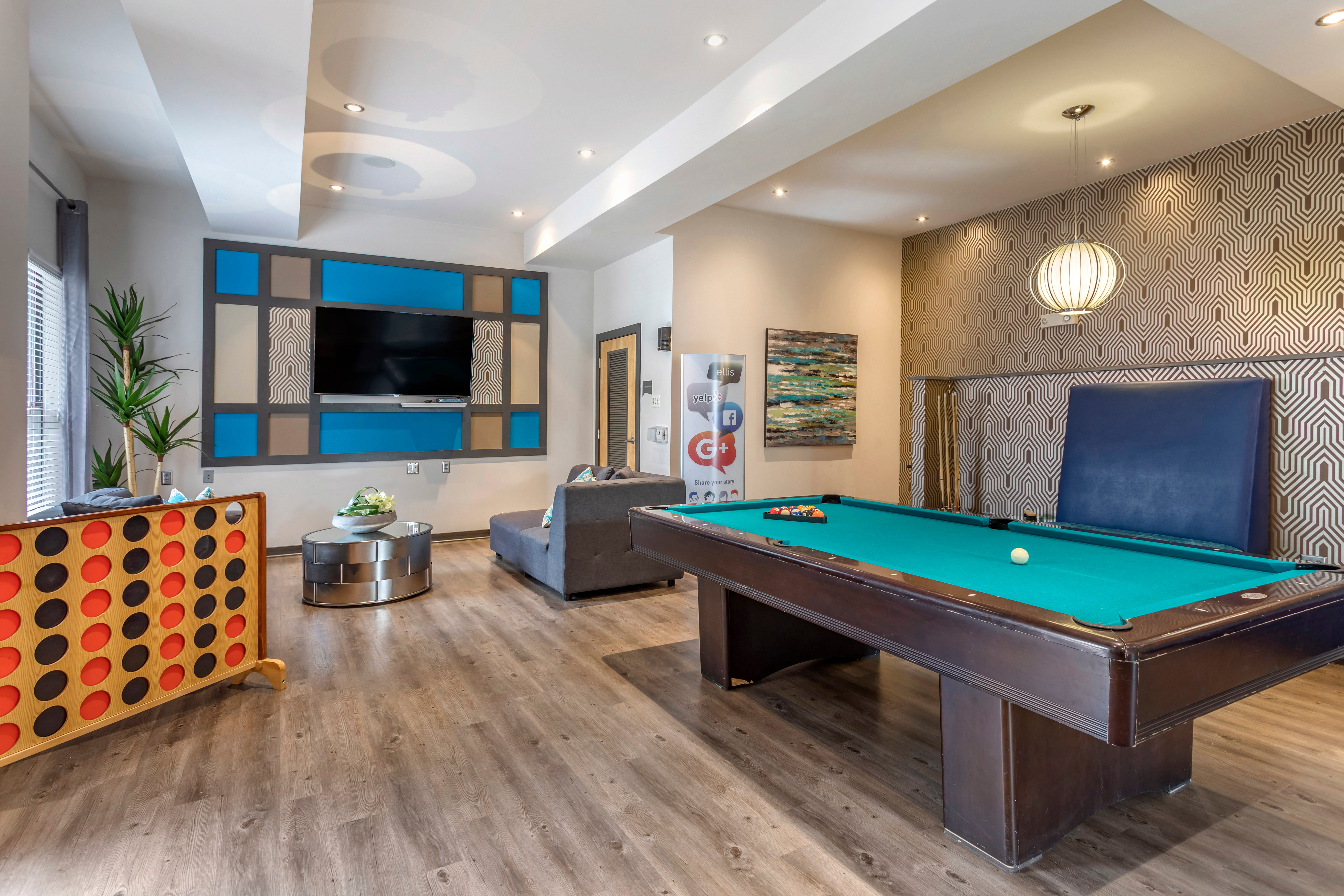 Billiards table and checkers in the resident clubhouse at Olympus Midtown in Nashville, Tennessee