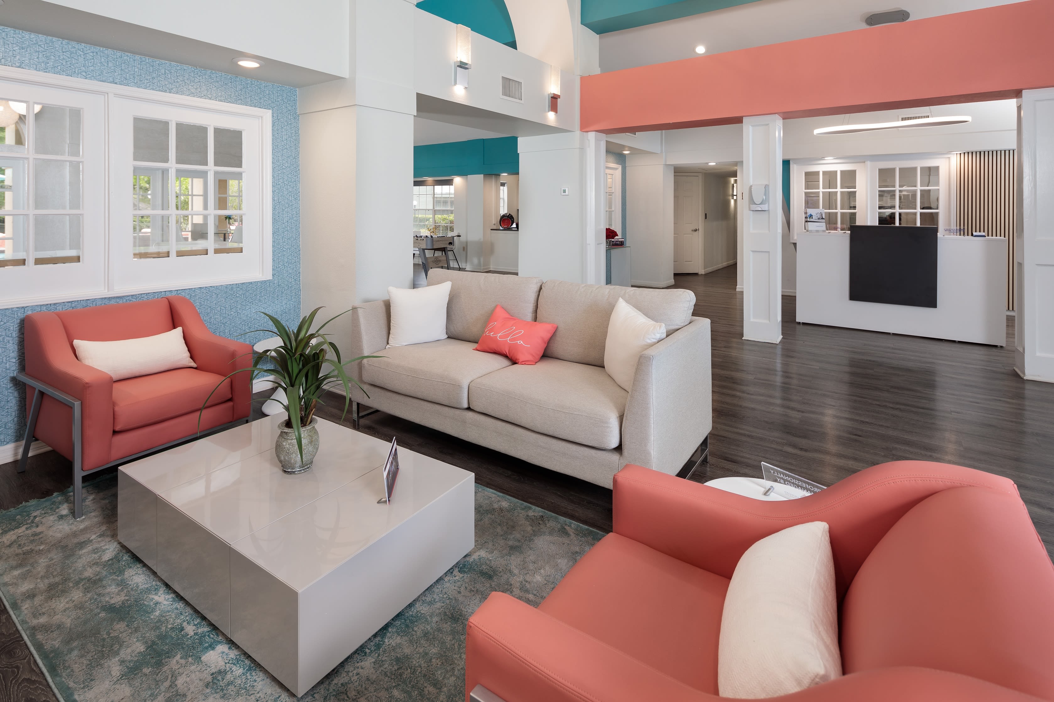 A seating area in the clubhouse at 1801 MetroWest in Orlando, Florida