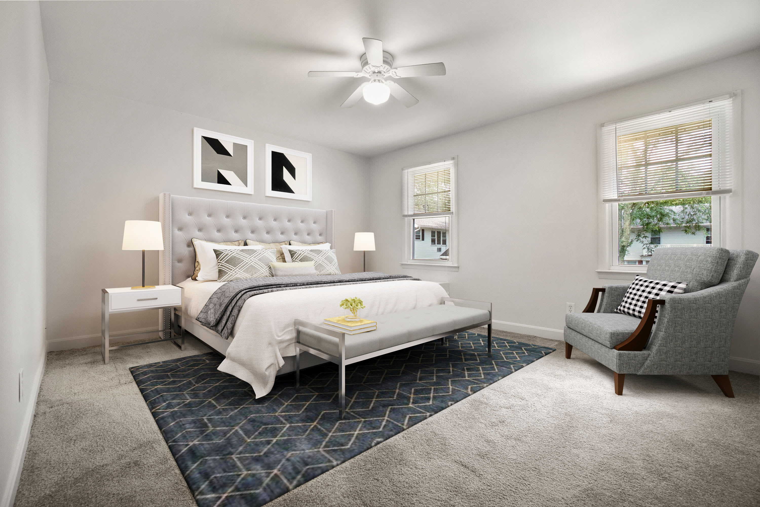 Rendered furnished bedroom at President Village in Fall River, Massachusetts