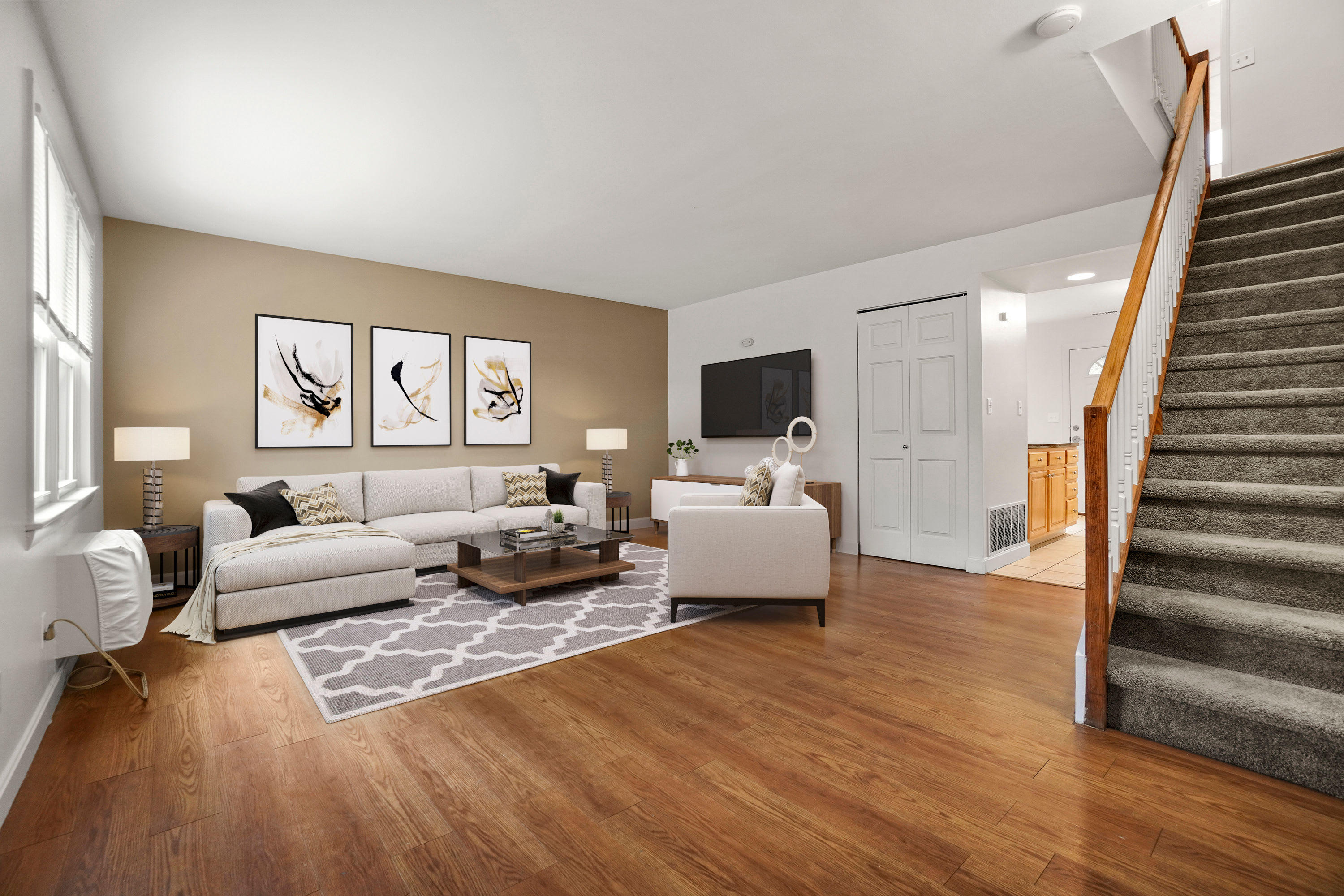 Rendered furnished living room at President Village in Fall River, Massachusetts
