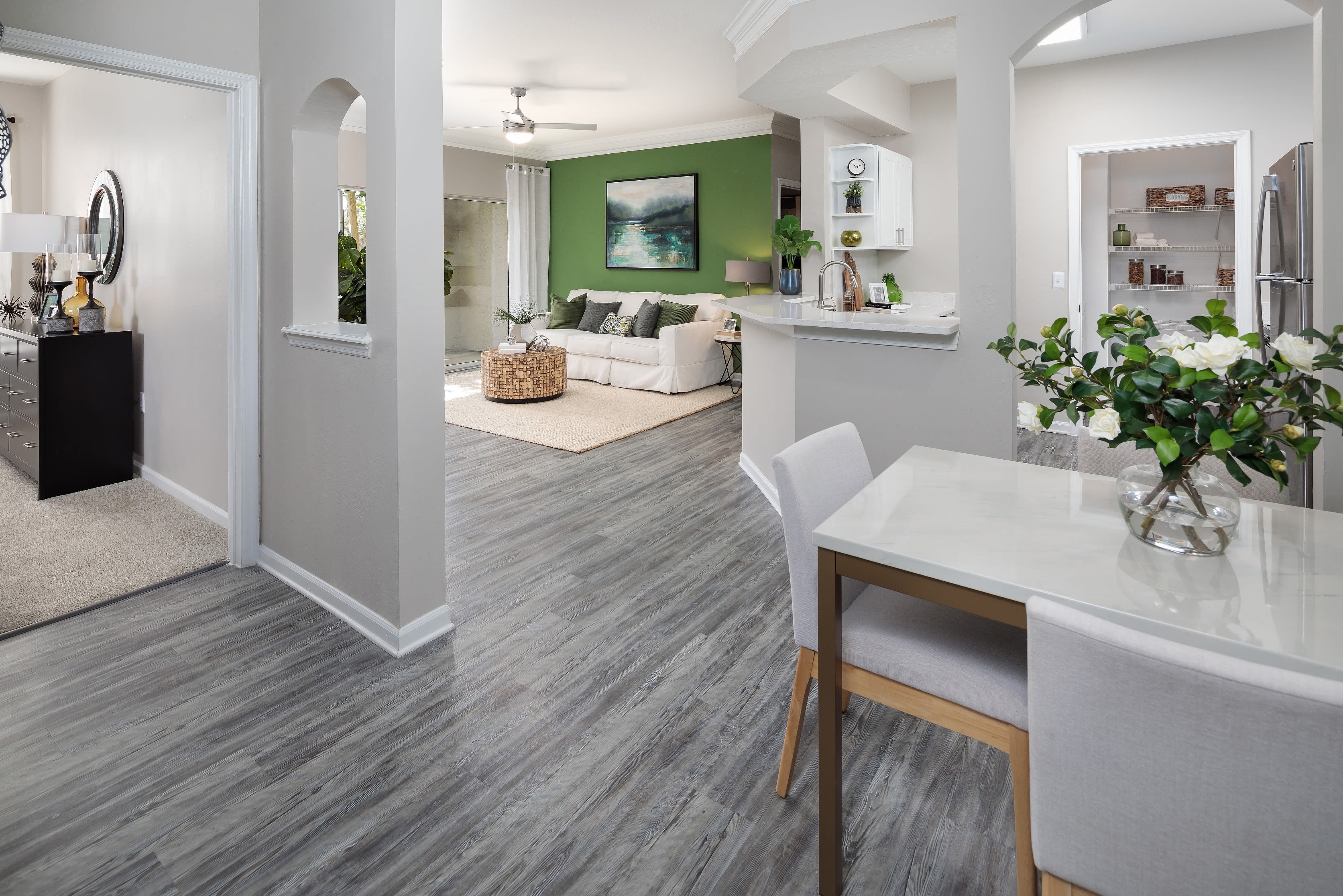Spacious dining room and kitchen at Eddison at Deerwood Park in Jacksonville, Florida