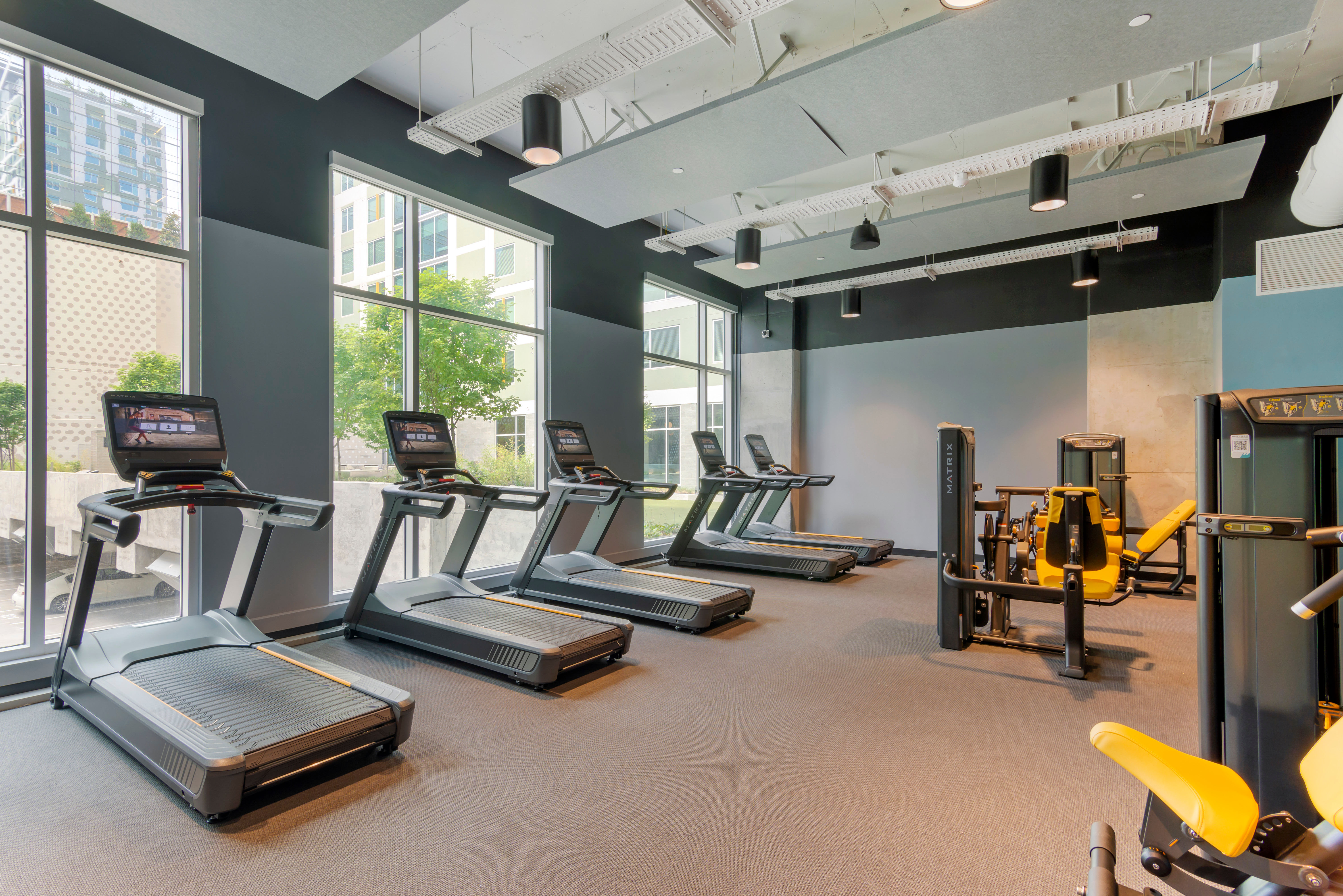 State of the art fitness center treadmills for student residents at HERE Atlanta in Atlanta, Georgia