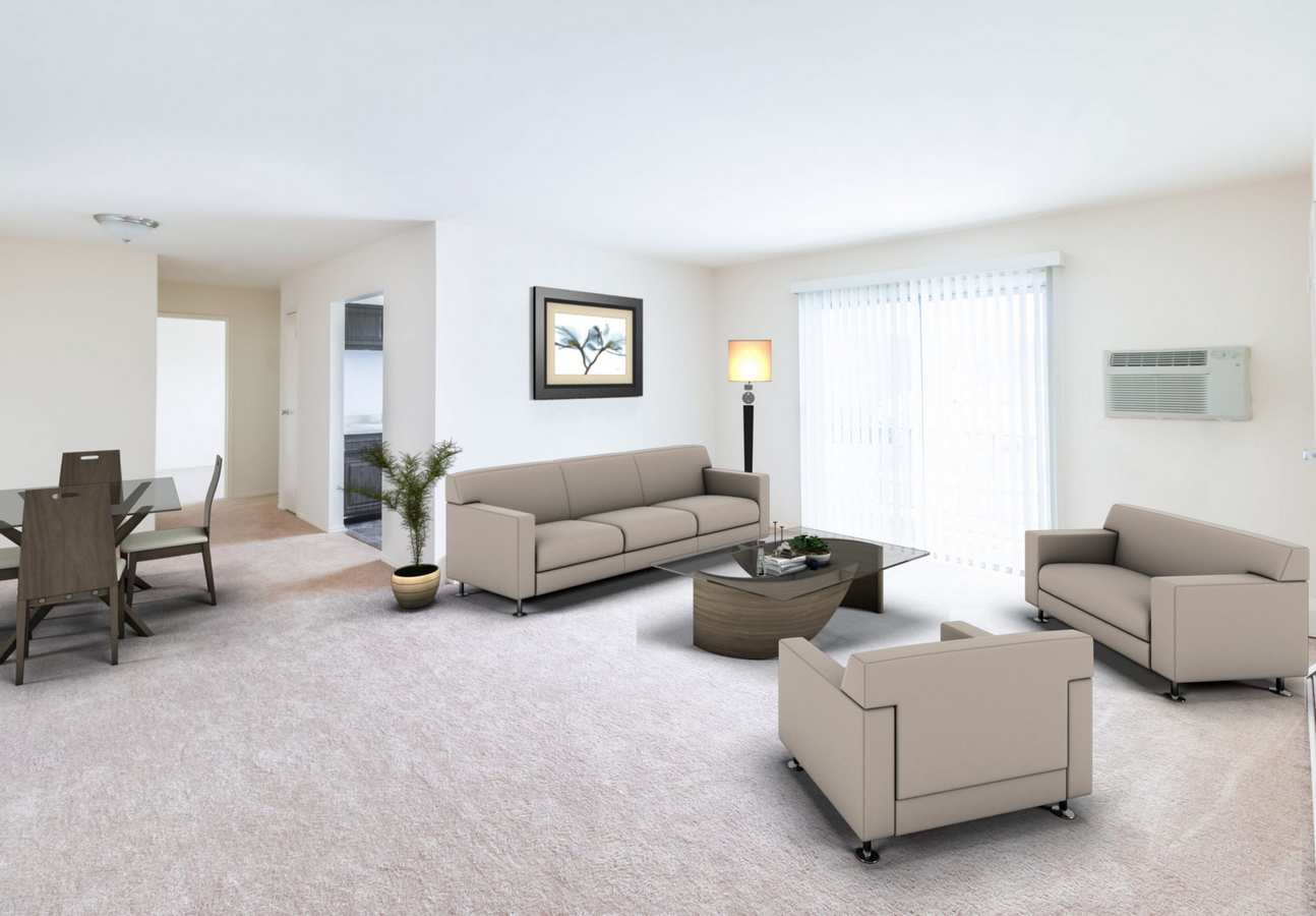 Model living room at Washington Gardens in Washington, New Jersey