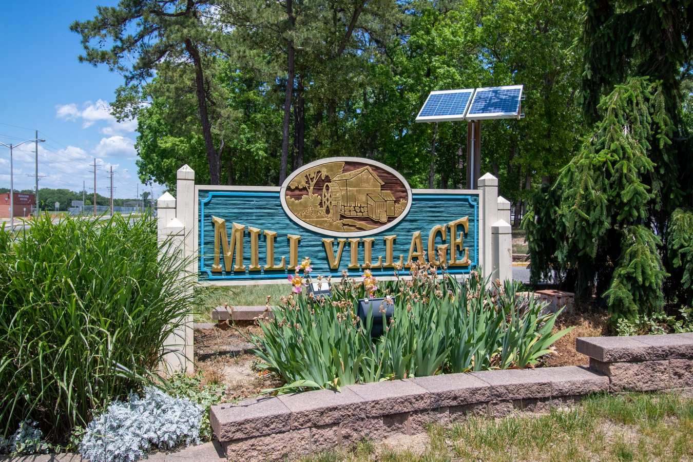 Sign at the entrance to Mill Village in Millville, New Jersey