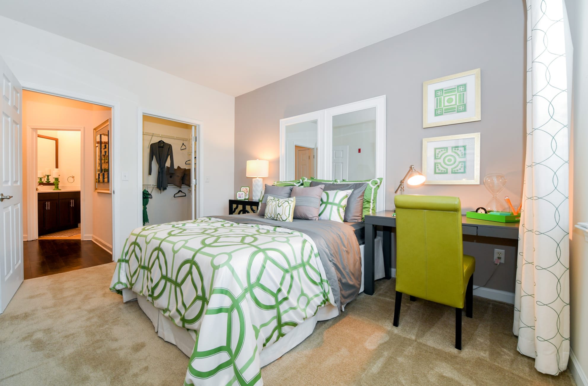 Bedroom with modern details at Reserve at Wauwatosa Village in Wauwatosa, Wisconsin