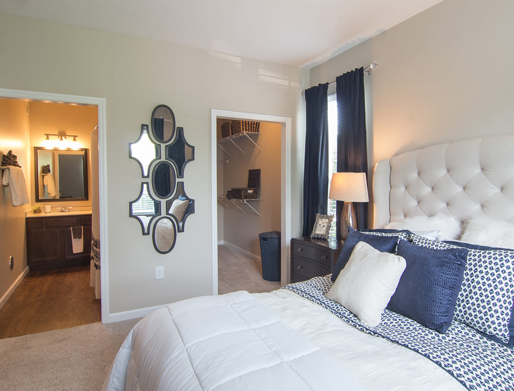 Cozy bedroom at Clifton Park Apartment Homes in New Albany, Ohio